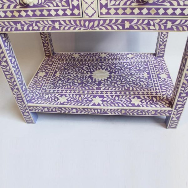 Handmade Bone Inlay Nightstand - Lavender Floral Design 2-Drawer Bedside Table for Bedroom Decor & Storage