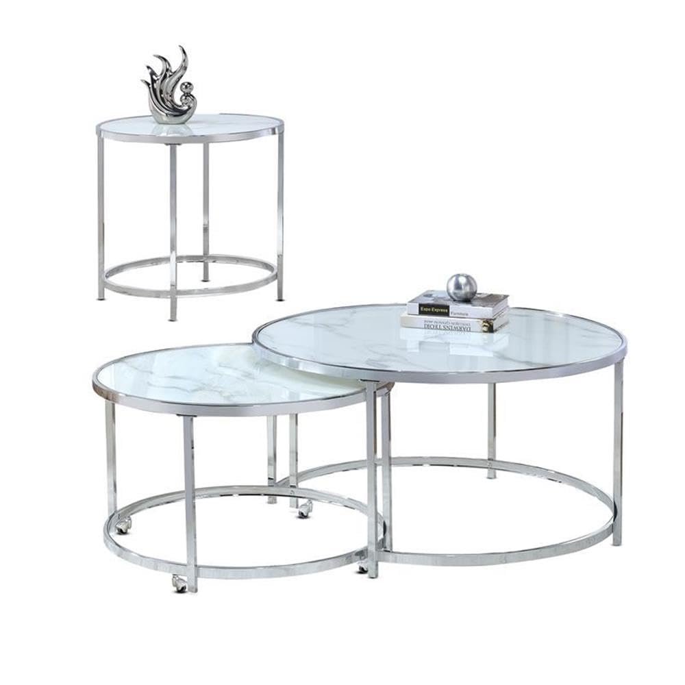 BOWERY HILL White Round Contemporary Metal End Table with Faux Marble Top - Perfect for Living Room, Bedroom, or Office Side Table