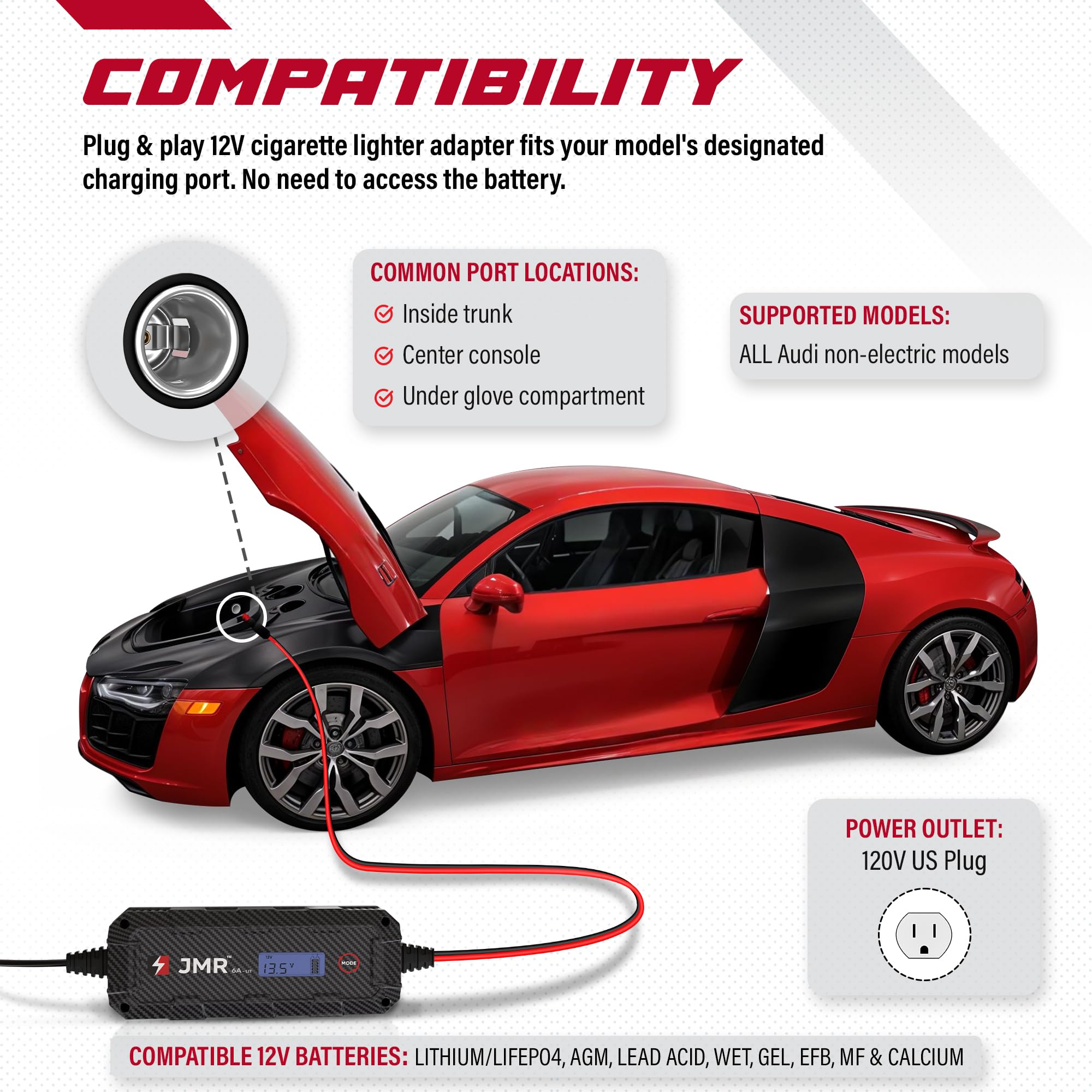 JMR Battery Charger for Audi R8 S8 RS TT Q7 SQ8 A5 - Universal Car Battery Trickle Charger Maintainer with Lithium Mode - Perfect for Winter Storage & Long-Term Vehicle Maintenance