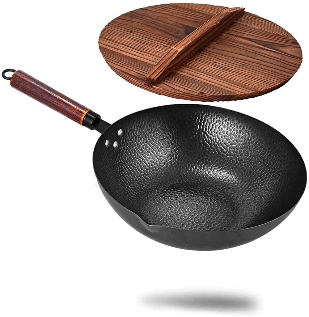 YRHH Carbon Steel Wok Pan - 14 Inch Hand Hammered Chinese Stir Fry Pan with Wooden Handle & Glass Lid - Traditional Cast Iron Wok for Electric, Induction & Gas Stoves - Perfect for Stir Frying, Deep Frying & Asian Cooking