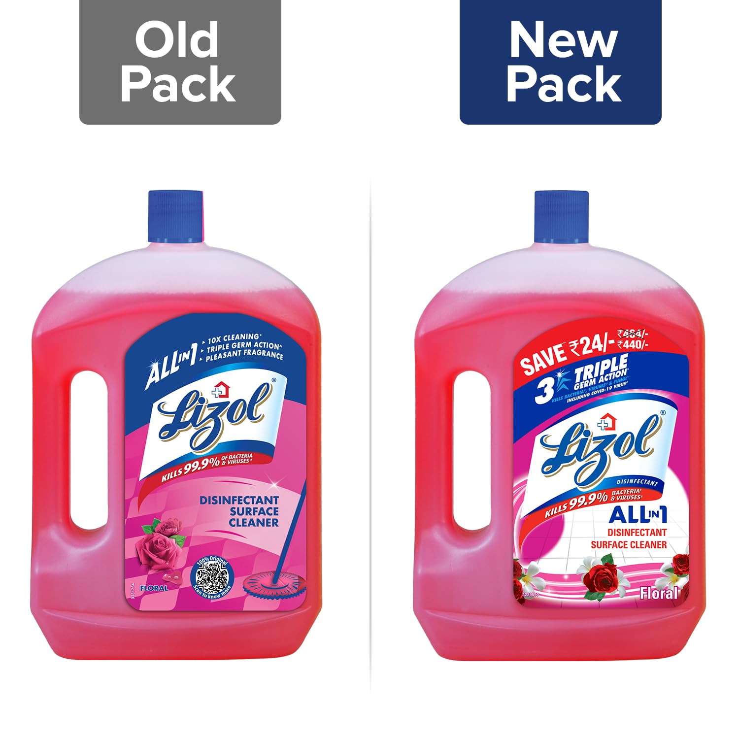 Lizol Disinfectant Surface & Floor Cleaner Liquid - Floral Scent 2L + Lizol Kitchen Cleaner Spray 450ml (2-Pack) with Free Scotch-Brite Sponge Wipe | Multi-Purpose Cleaning for Home, Kitchen, Bathroom & Floors