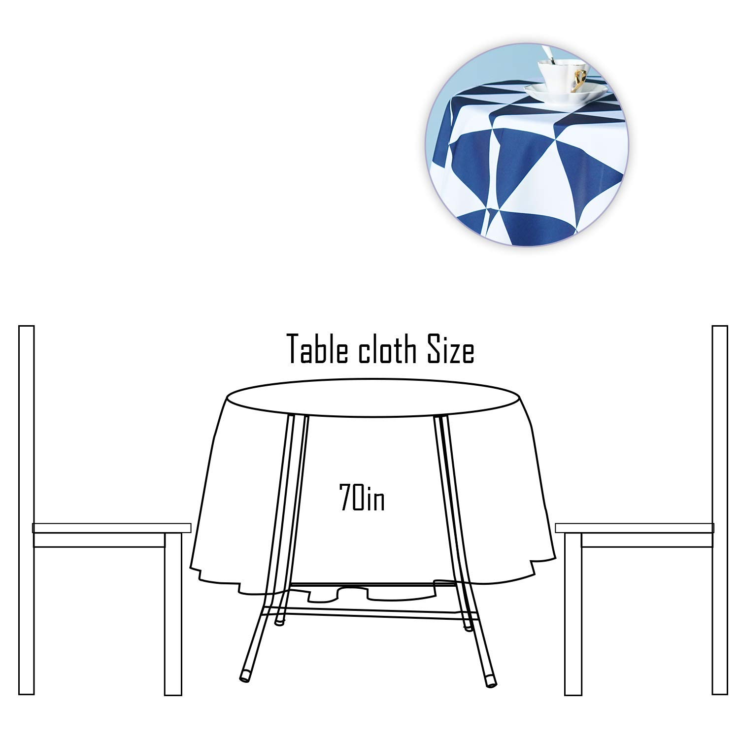 Premium Polyester Tablecloth - 70'' Round Blue & White Triangle Design, Easy Washable & Wrinkle-Resistant for Kitchen, Dining, Patio, Garden - Perfect for Indoor & Outdoor Use, Parties, Picnics, and Daily Dining