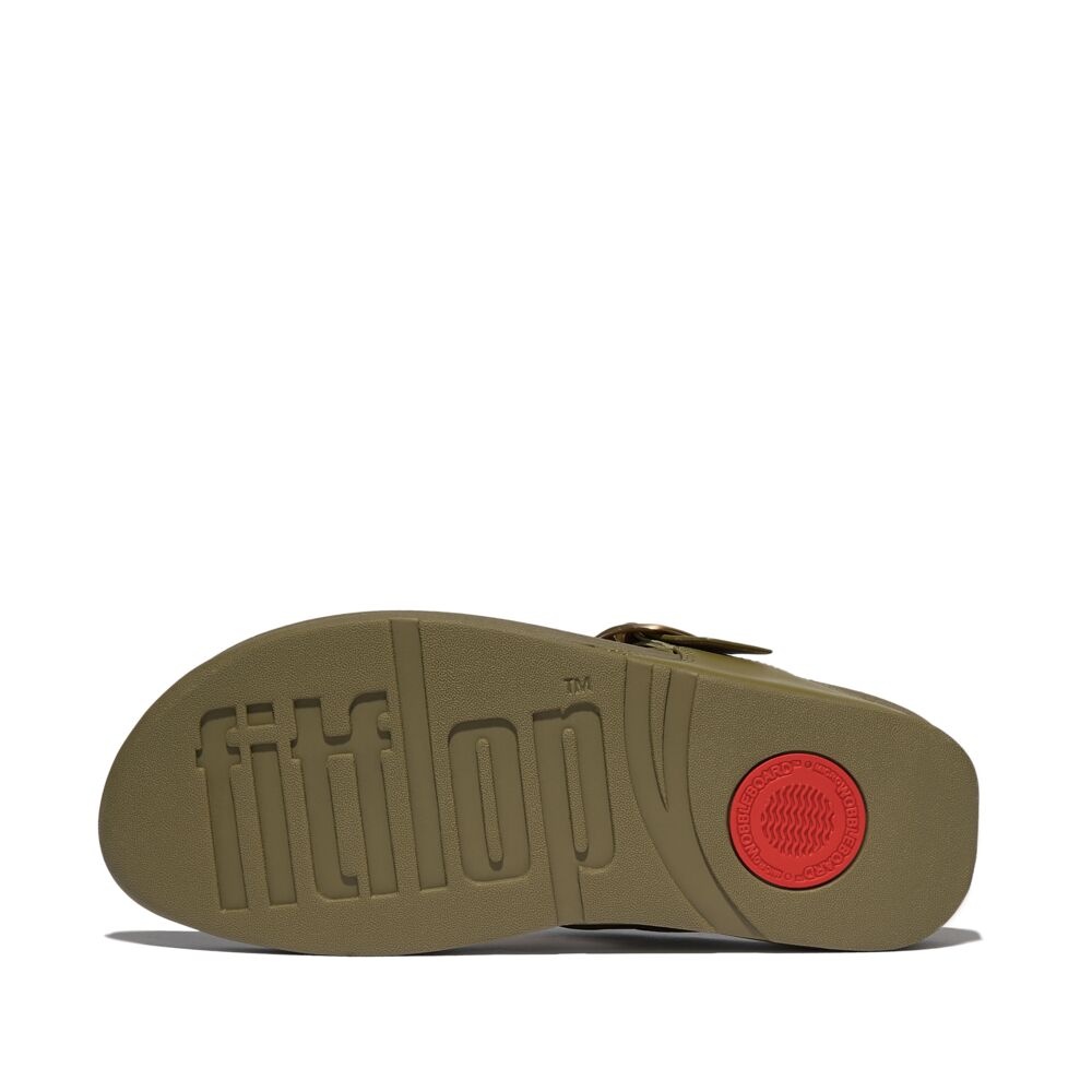 FitFlop Lulu Adjustable Leather Sandals for Women - Camo Green Slip-On Comfort Shoes | Perfect for Walking, Travel & Summer Outfits