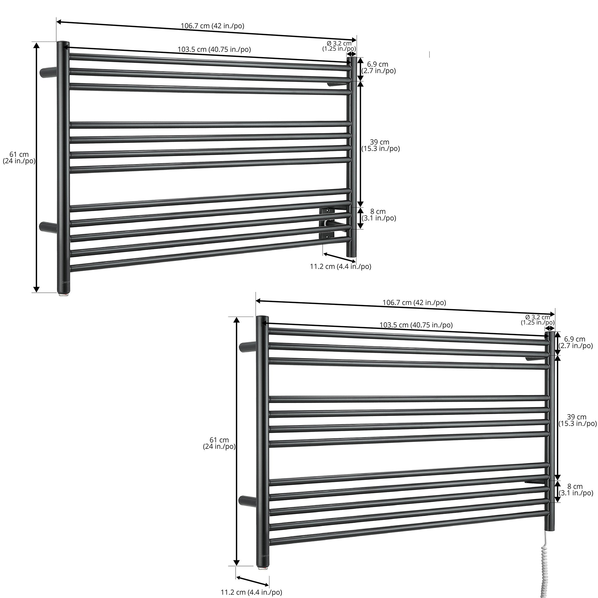 Ancona Amplia Dual 12 Bar Hardwired & Plug-in Bathroom Towel Warmer Heater - Matte Black Finish for Luxury Spa & Master Bathroom