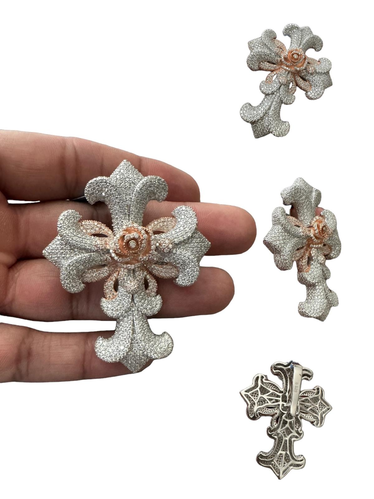 Moissanite Cross Flower Rose Pendant Necklace - 925 Sterling Silver Jewelry for Women - Perfect for Gifts, Weddings & Special Occasions