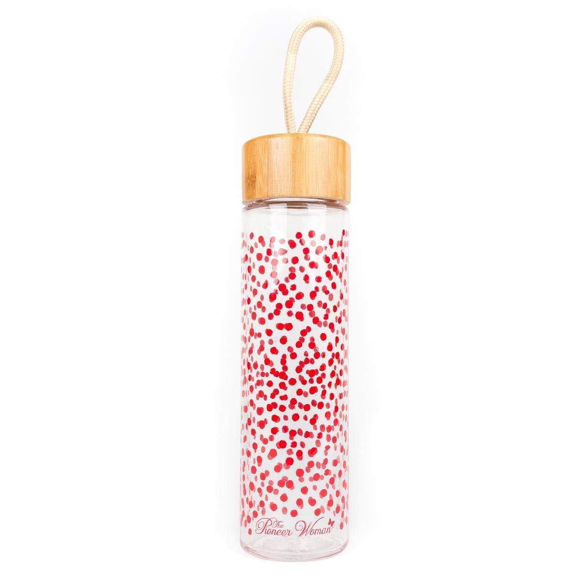 The Pioneer Woman 20oz Glass Water Bottle with Bamboo Lid - Red Polka Dots Design | Leakproof & BPA-Free | Perfect for Office, Gym, Hiking & Everyday Hydration