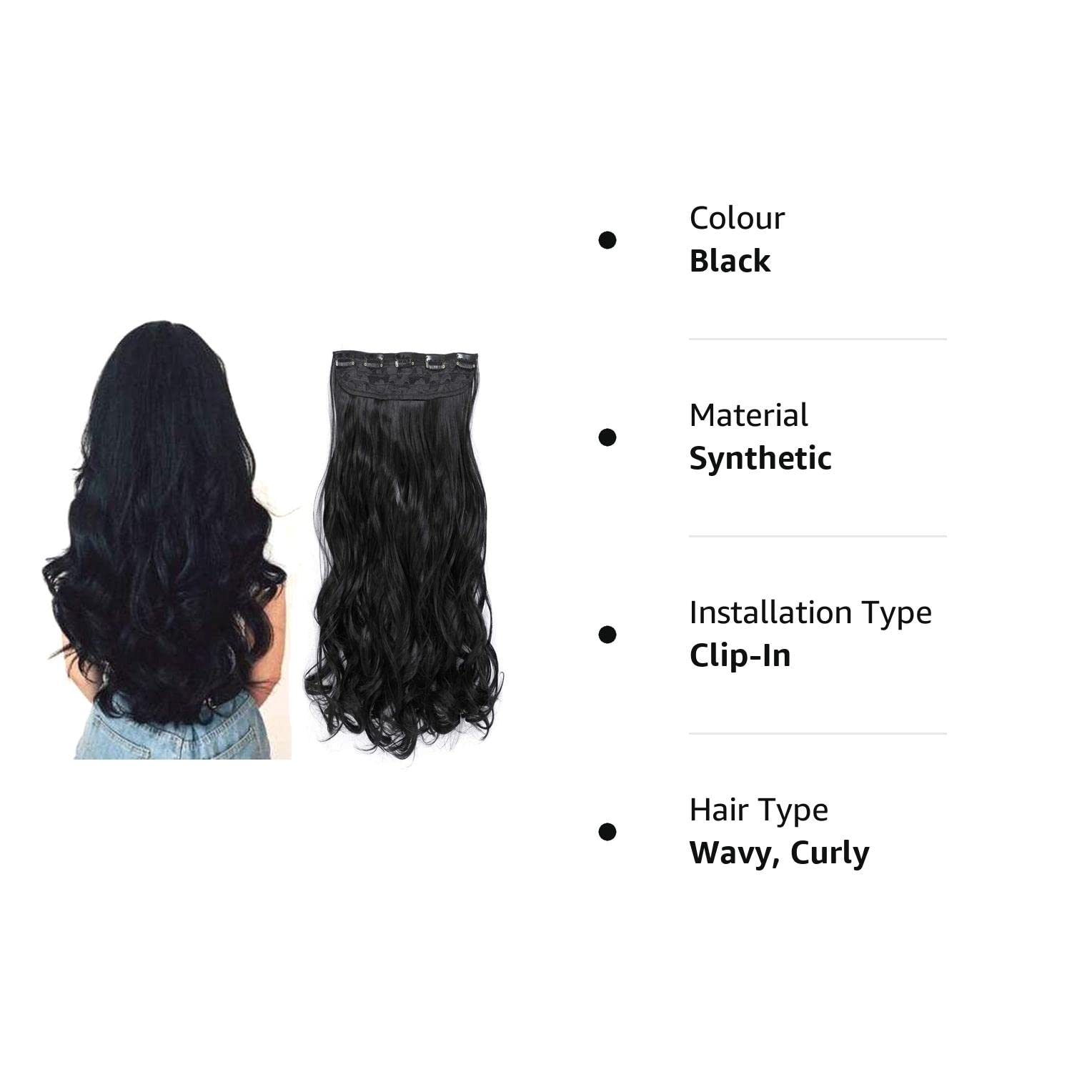 VIEWS 5 Clips ¾ Head 22 Inch Human Hair Extensions for Women - Wavy/Curly Black Hair Weft for Instant Length & Volume - Perfect for Parties, Weddings & Daily Styling