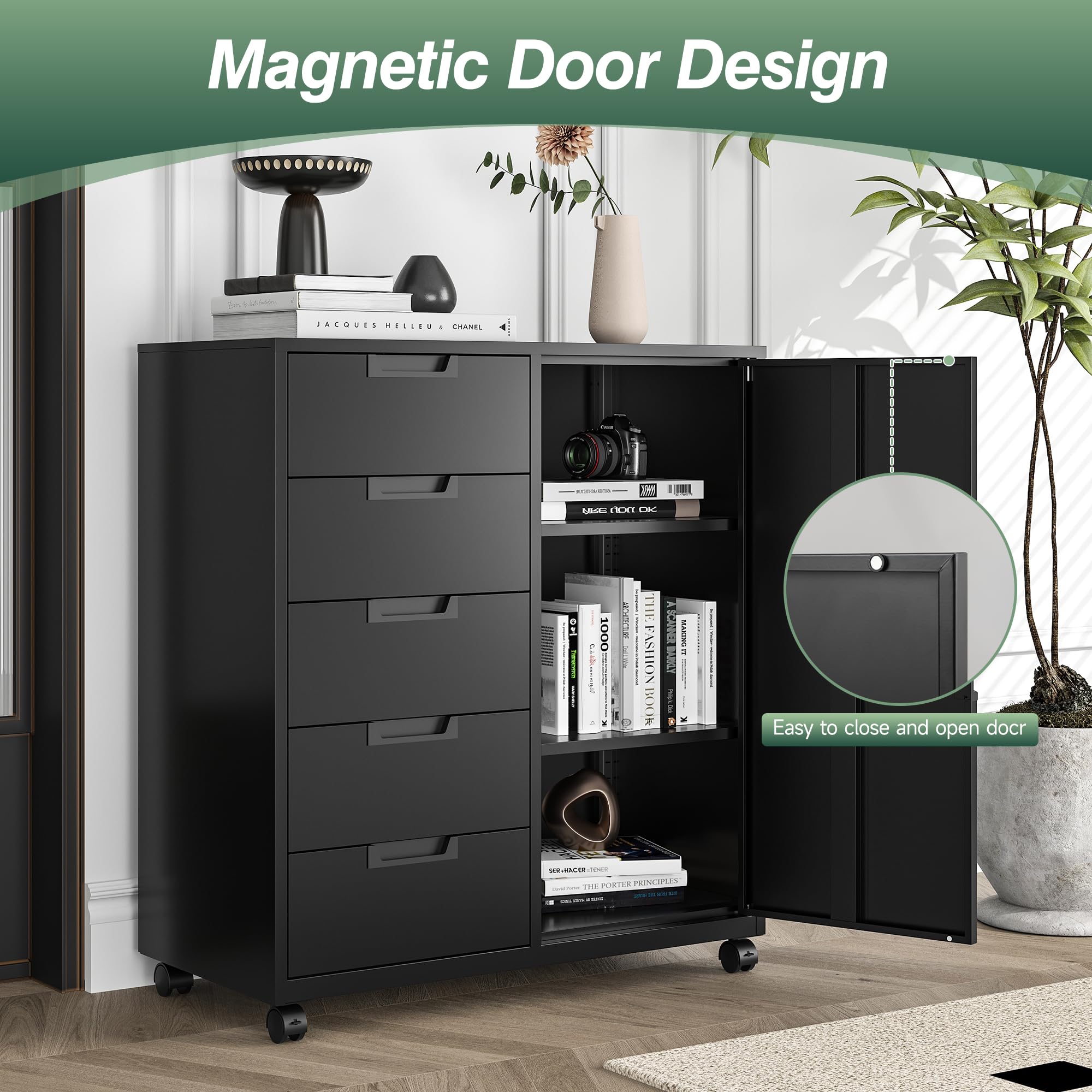 MIIIKO 5-Drawer Storage Cabinet with Door and Shelf - Mobile Lateral File Cabinet on Wheels for Home Office Organization, Black Printer Stand & Small File Cabinet - Perfect for Office Supplies, Documents, and Home Storage Solutions