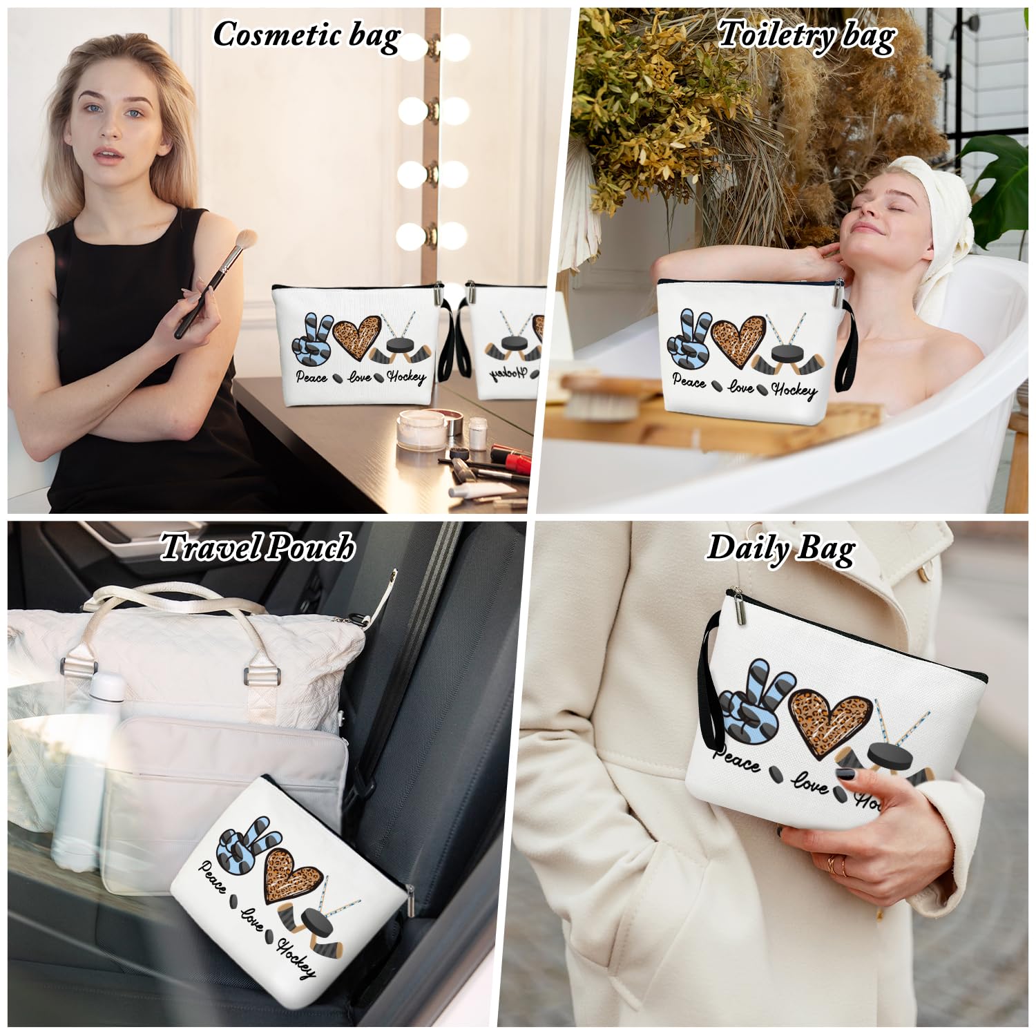Hockey Gifts Cosmetic Bag - Peace Love Hockey, Coach Gifts, Birthday Gifts for Hockey Lover, Hockey Mom, Thanksgiving Gifts, Hockey Makeup Bag, Christmas Gifts for Daughter Sister, Zipper Pouch /13 - Perfect for Travel, Gym, and Everyday Use