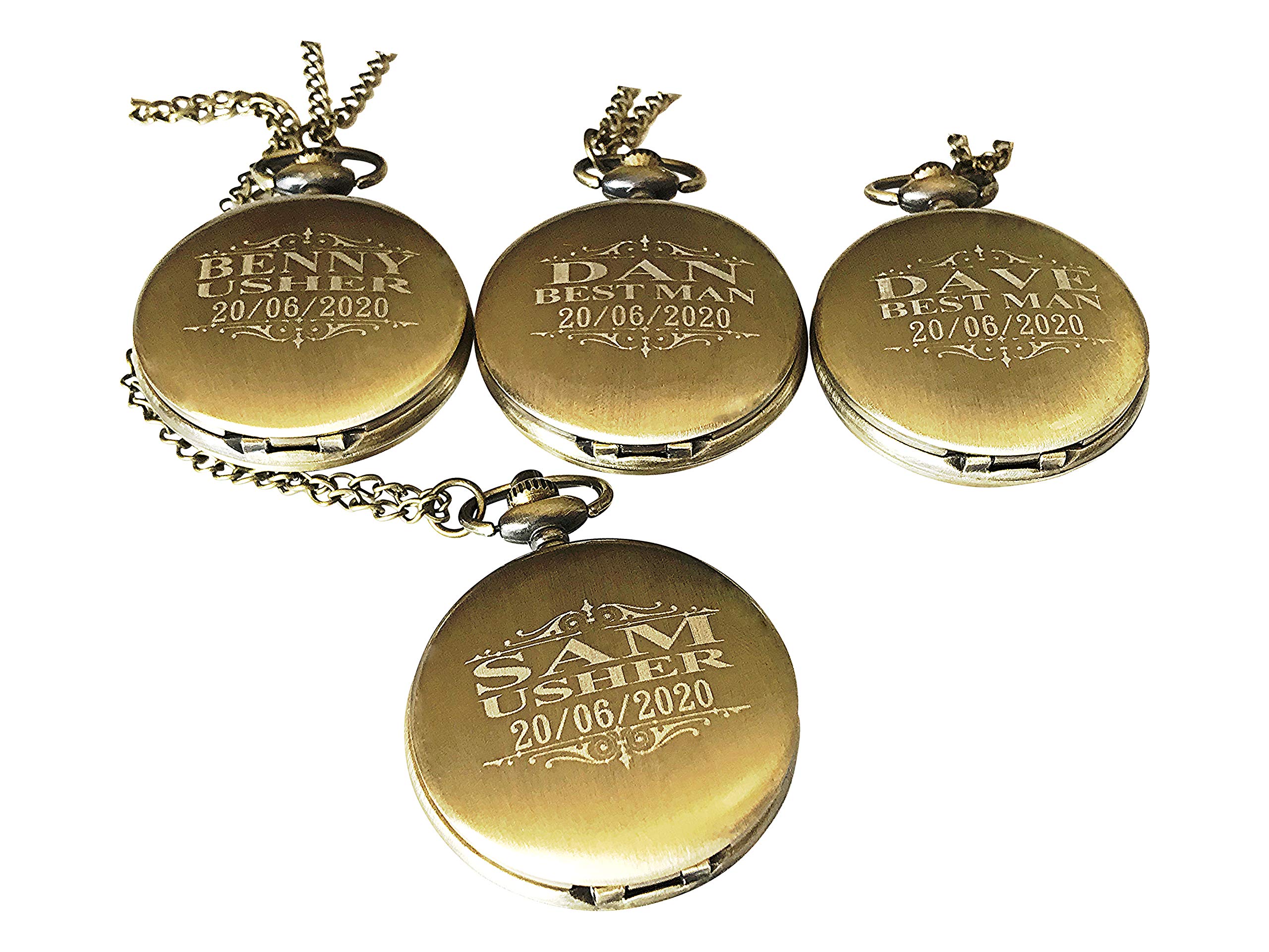 ETERNITY 4 Engraved Wedding Pocket Watches Set - Customized with Names/Dates, Includes 4 Watches, Chains & Gift Box - Perfect for Anniversaries, Bridal Party Gifts & Vintage-Themed Weddings