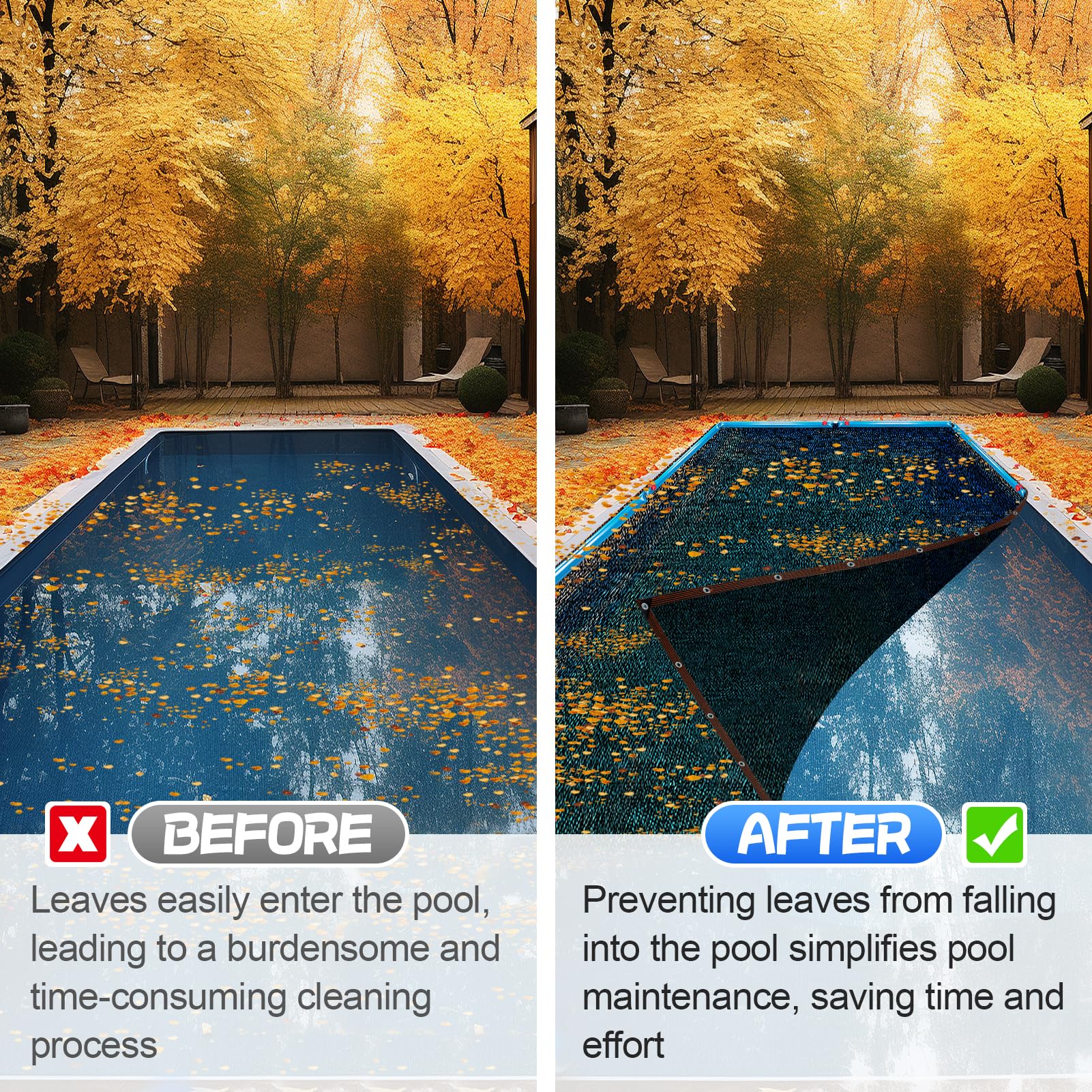 **Heavy Duty Rectangle Pool Leaf Net Cover - Reinforced Grommets & Fine Mesh for 18x36ft Inground/Above Ground Pools - Sun Protection & Debris Catcher for Backyard, Garden, and Swimming Pool Maintenance**