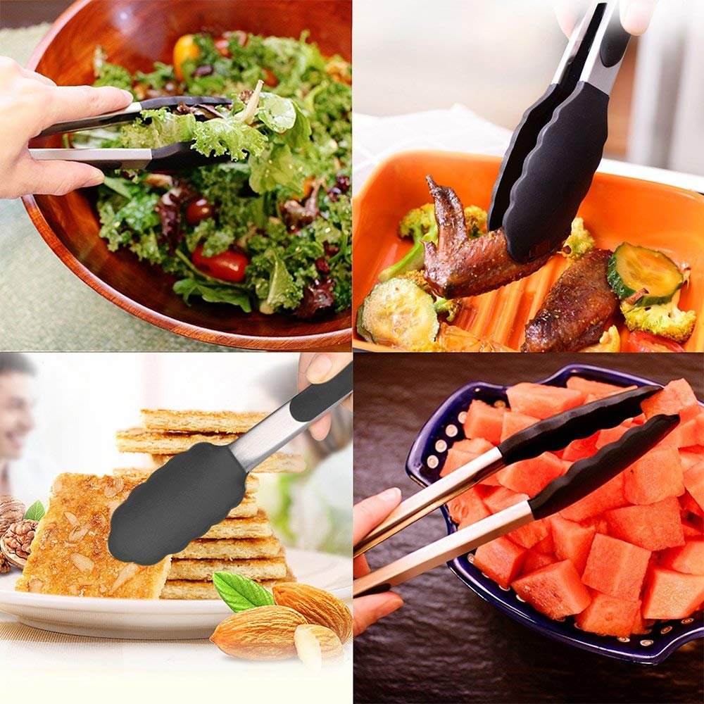 Premium Stainless Steel Cooking Tongs Set - 3 Sizes (7/9/12 Inch) - Heat Resistant & Non-Slip Grip - Blue Kitchen Utensils for Grilling, BBQ, Salad, Serving & Cooking
