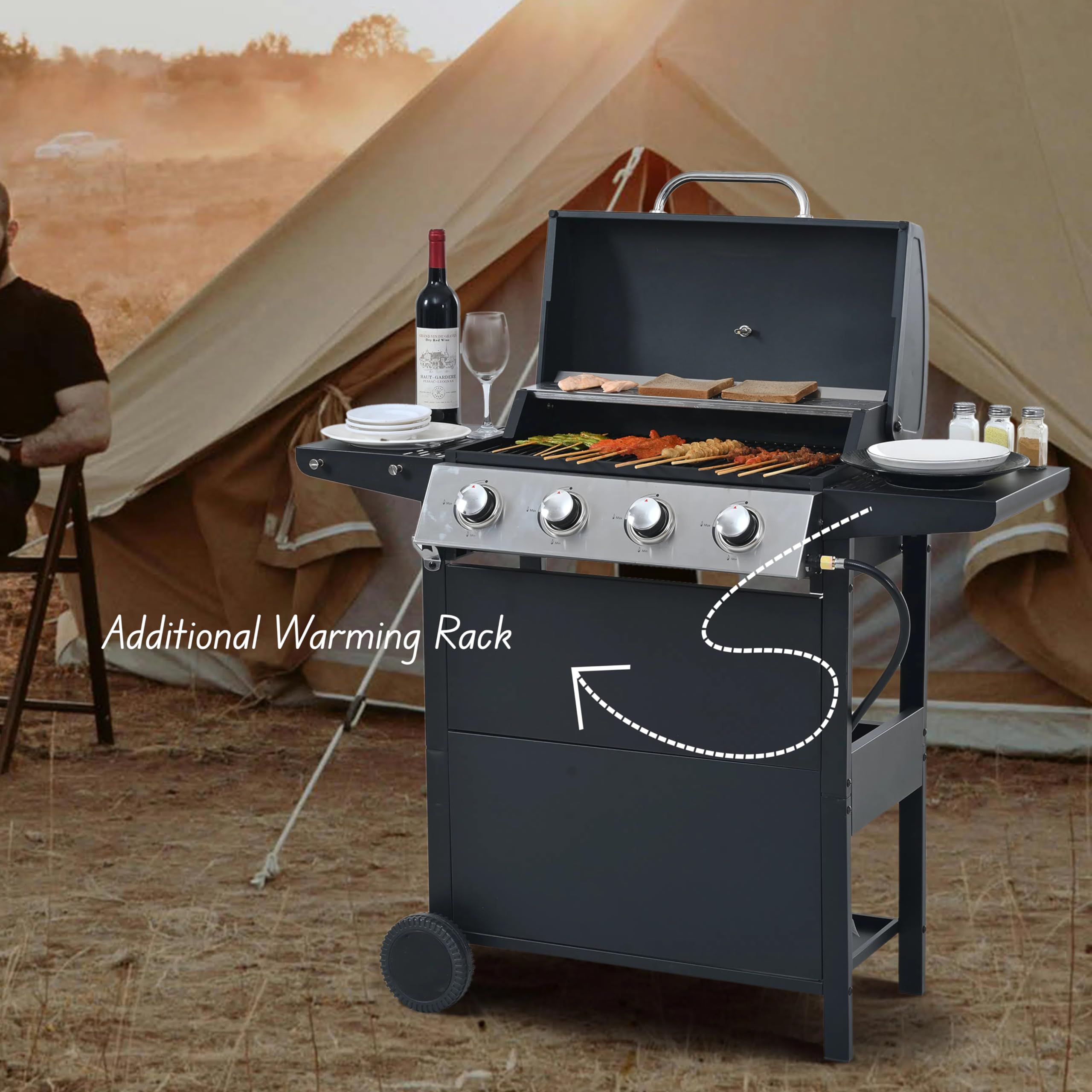 34,000 BTU 4-Burner Propane Gas Grill with 2 Shelves & Bottle Opener - Stainless Steel Outdoor BBQ Grill for Patio, Garden, Backyard Cooking & Grilling - Perfect for Family Gatherings, Tailgating & Camping (Black)