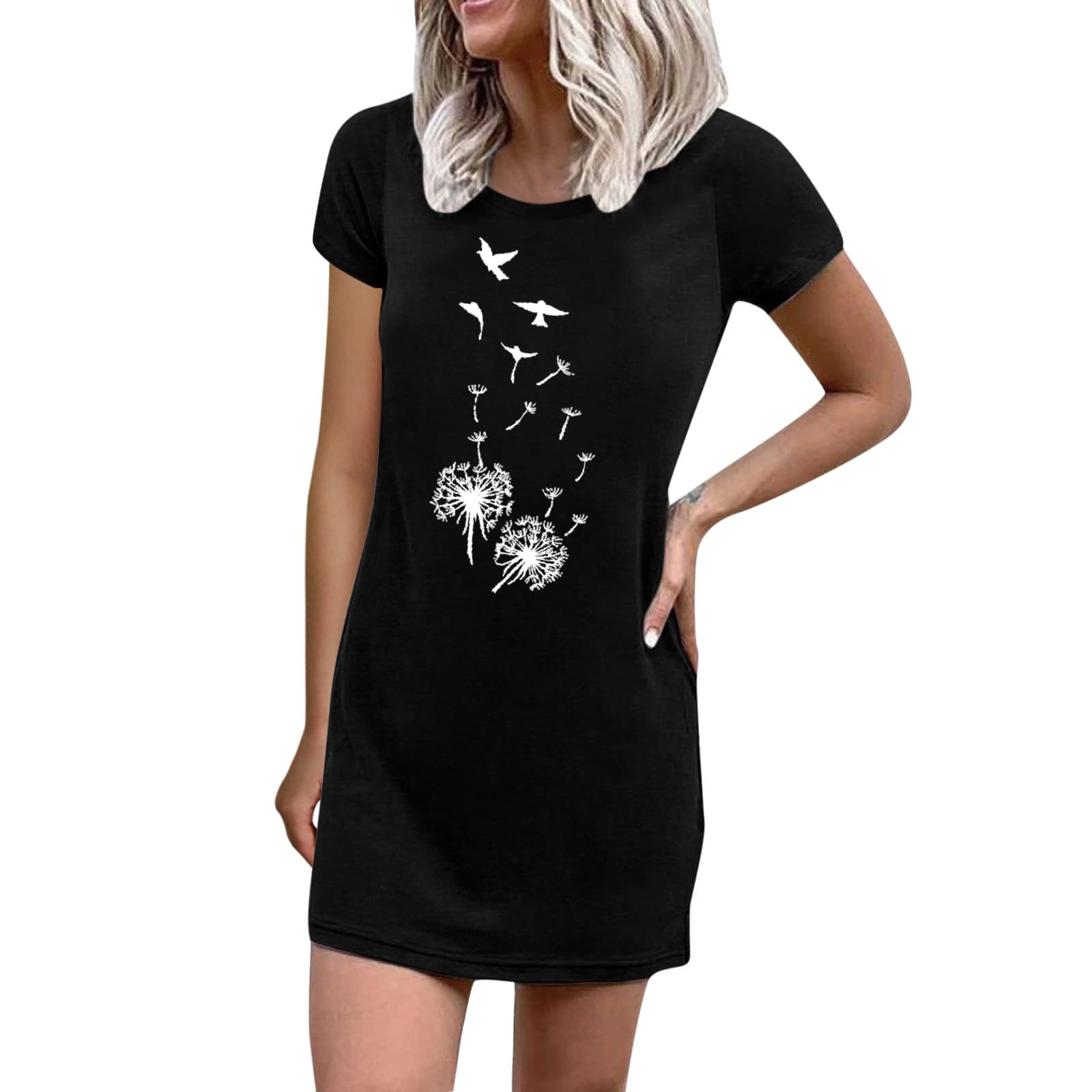 Women's Short Sleeve Crew Neck Dandelion Print T-Shirt Dress - Cute Summer Casual Dress for Women | Perfect for Beach Outings, Picnics & Everyday Wear