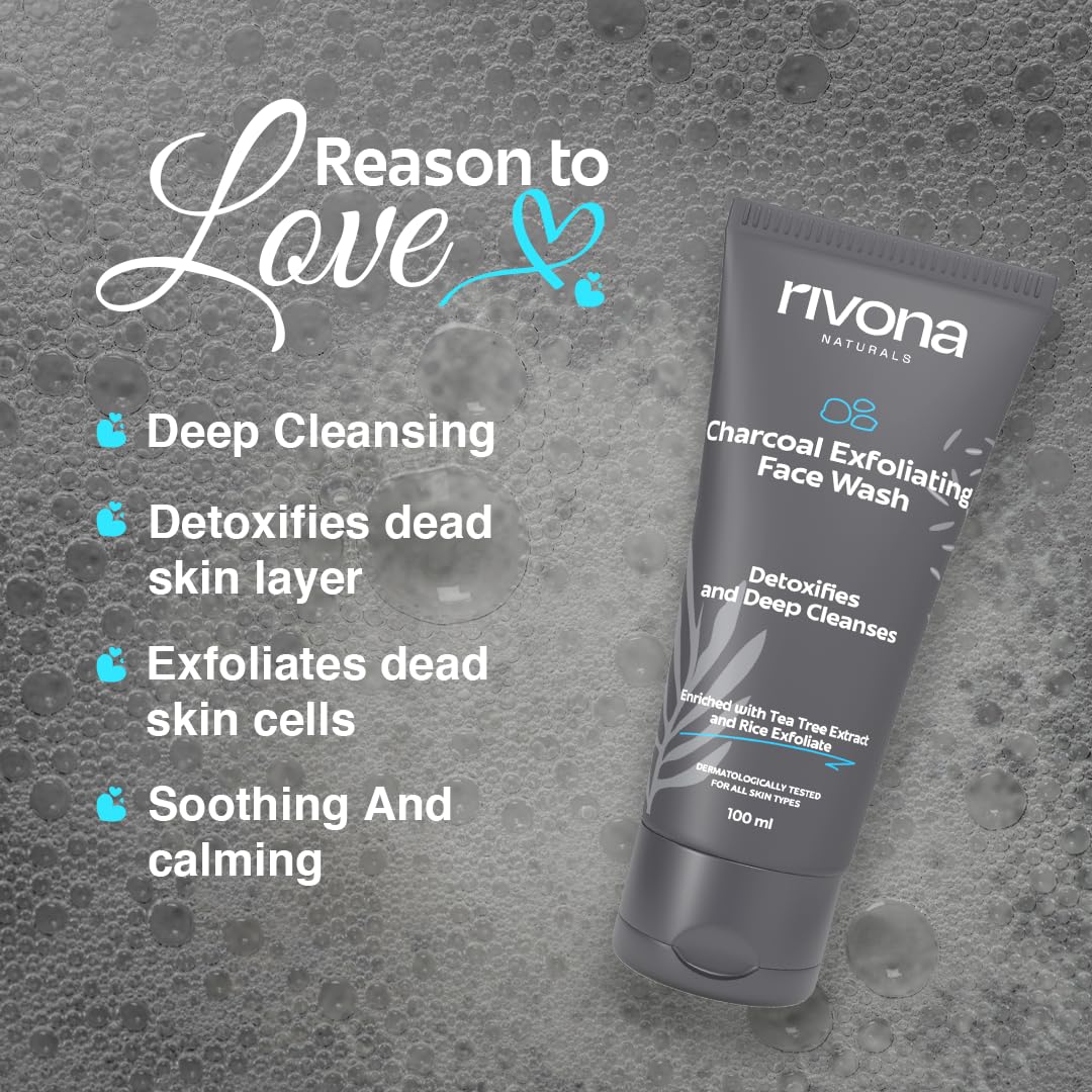 Rivona Naturals Charcoal Face Wash for Men - Anti-Pollution & Deep Pore Cleansing with Tea Tree & Rice Granules (100ml) | Gentle Daily Cleanser for Oily & Acne-Prone Skin | Perfect for Gym, Travel & Post-Workout Skincare Routine