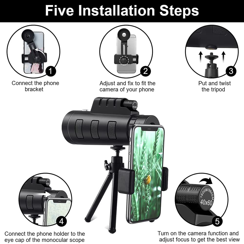 40X60 High Power Monocular Telescope for Bird Watching, Hunting, Camping & Travel - Compact & Lightweight with Smartphone Adapter, Tripod & Carry Case (Black) | Perfect for Outdoor Adventures, Wildlife Observation & Sports Events