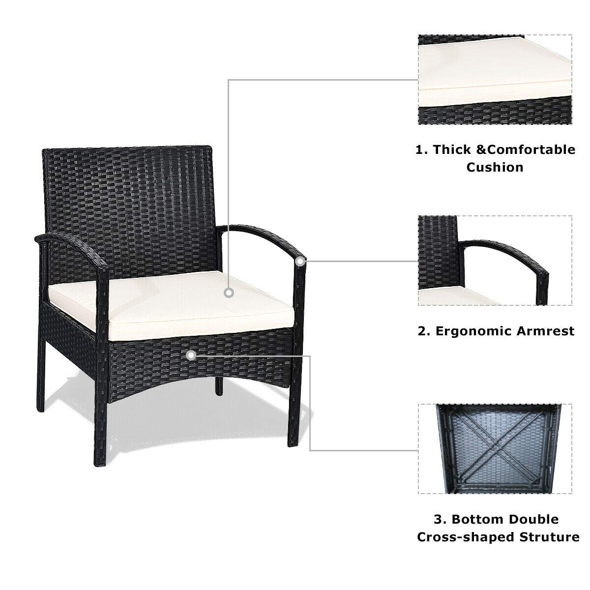 3-Piece Patio Wicker Rattan Furniture Set with Thick White Cushions - Outdoor Lounge Chairs for Poolside, Garden, Backyard & Patio - Weather-Resistant Rattan Sofa Set for Relaxing in Sun or Shade