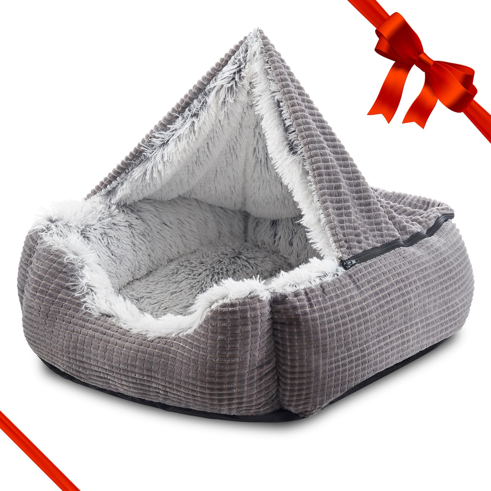 MIXJOY Orthopedic Dog Bed for Small Dogs & Cats - 20 Inch Gray Hooded Cave Pet Bed with Removable Washable Blanket - Warm Cozy Puppy Bed for Indoor Pets - Perfect for Crate, Kennel, or Living Room Use