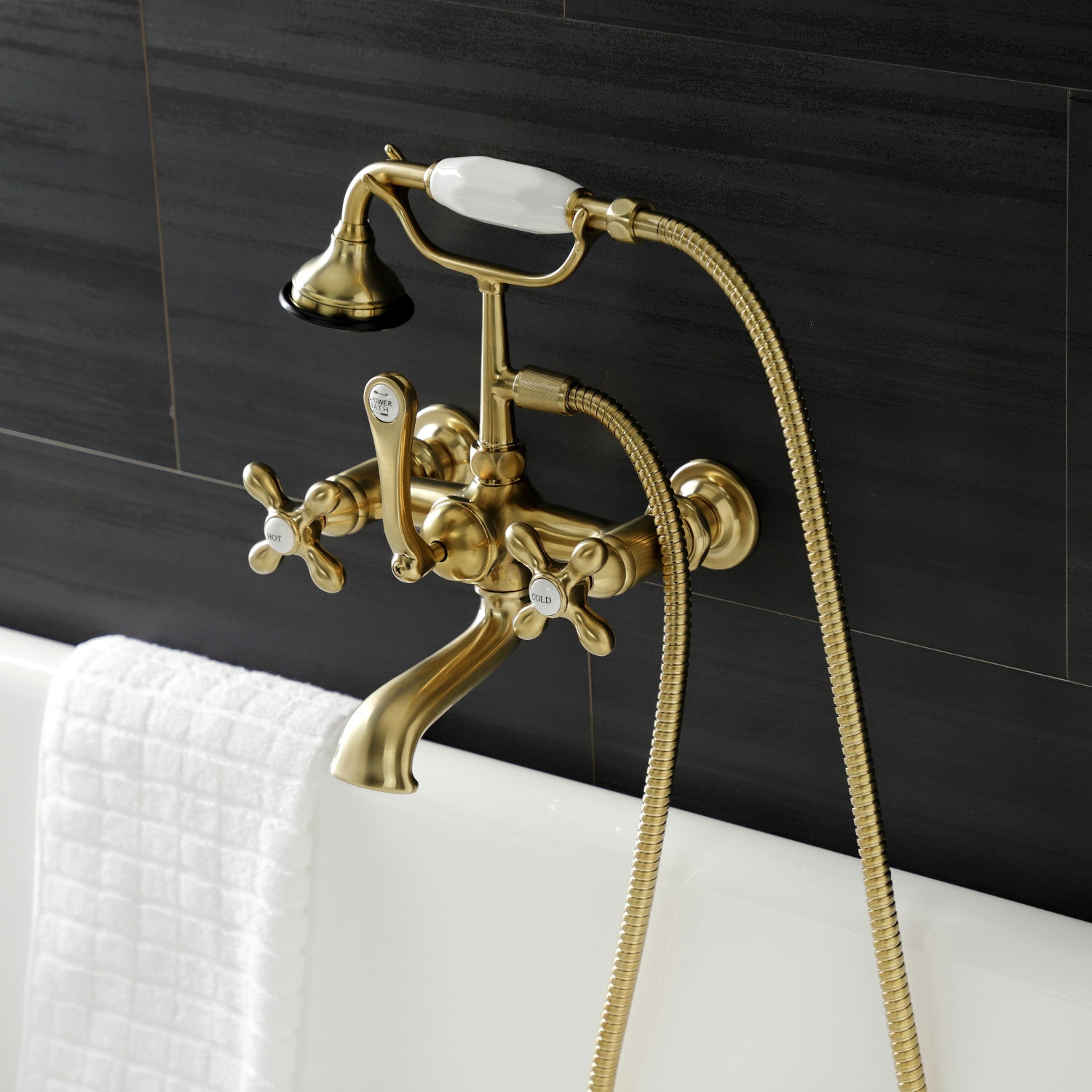 Vintage Clawfoot Tub Faucet with Hand Shower - 3 Handle Wall Mount Brushed Brass Bathroom Fixture for Antique & Classic Bathrooms