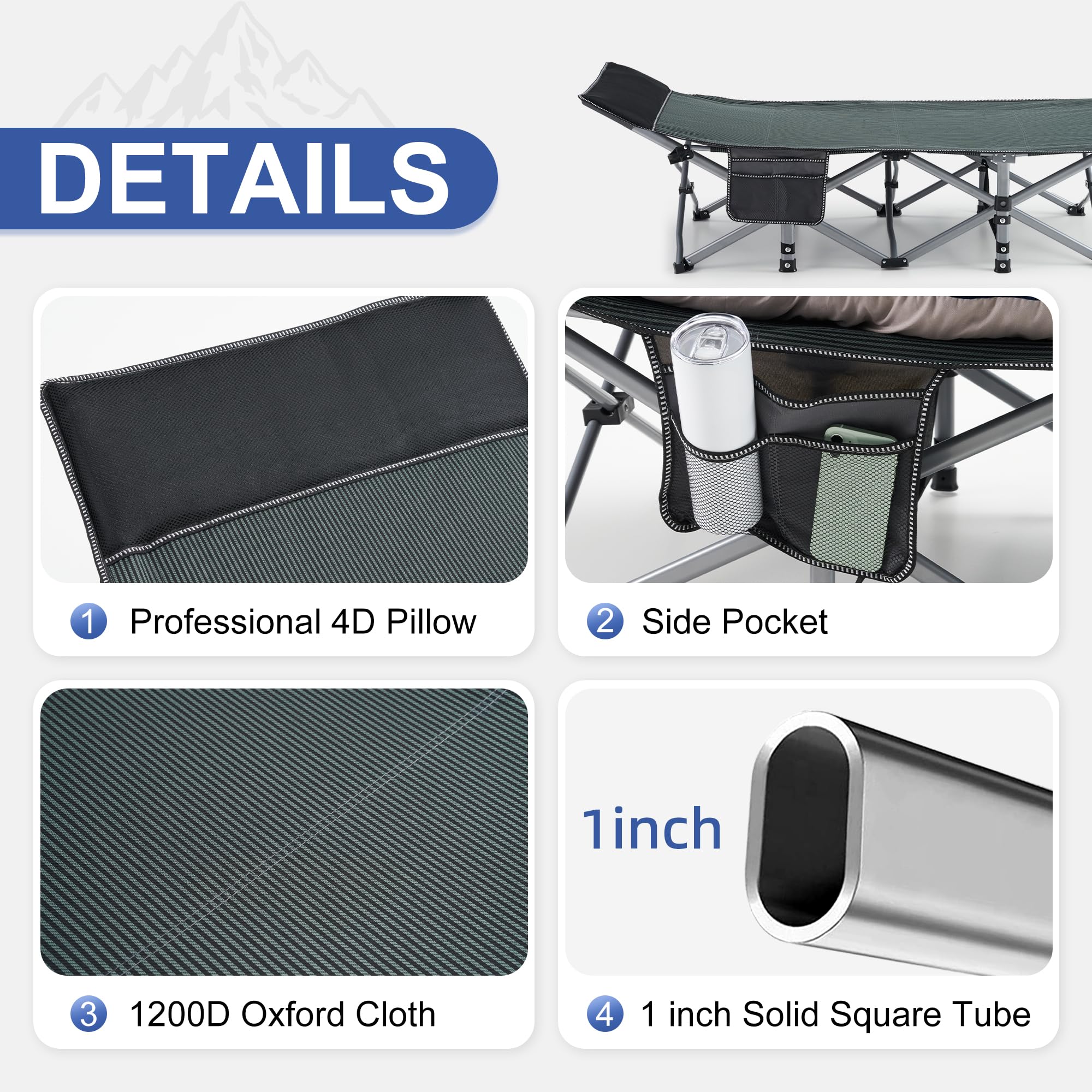 Heavy Duty Camping Cot for Adults - Portable Folding Cot with Mattress, Pillow & Carry Bag - 1200D Double Layer Oxford Fabric - Supports 600 lbs - Grey & Black - Perfect for Camping, Backpacking, Emergency Preparedness & Outdoor Adventures