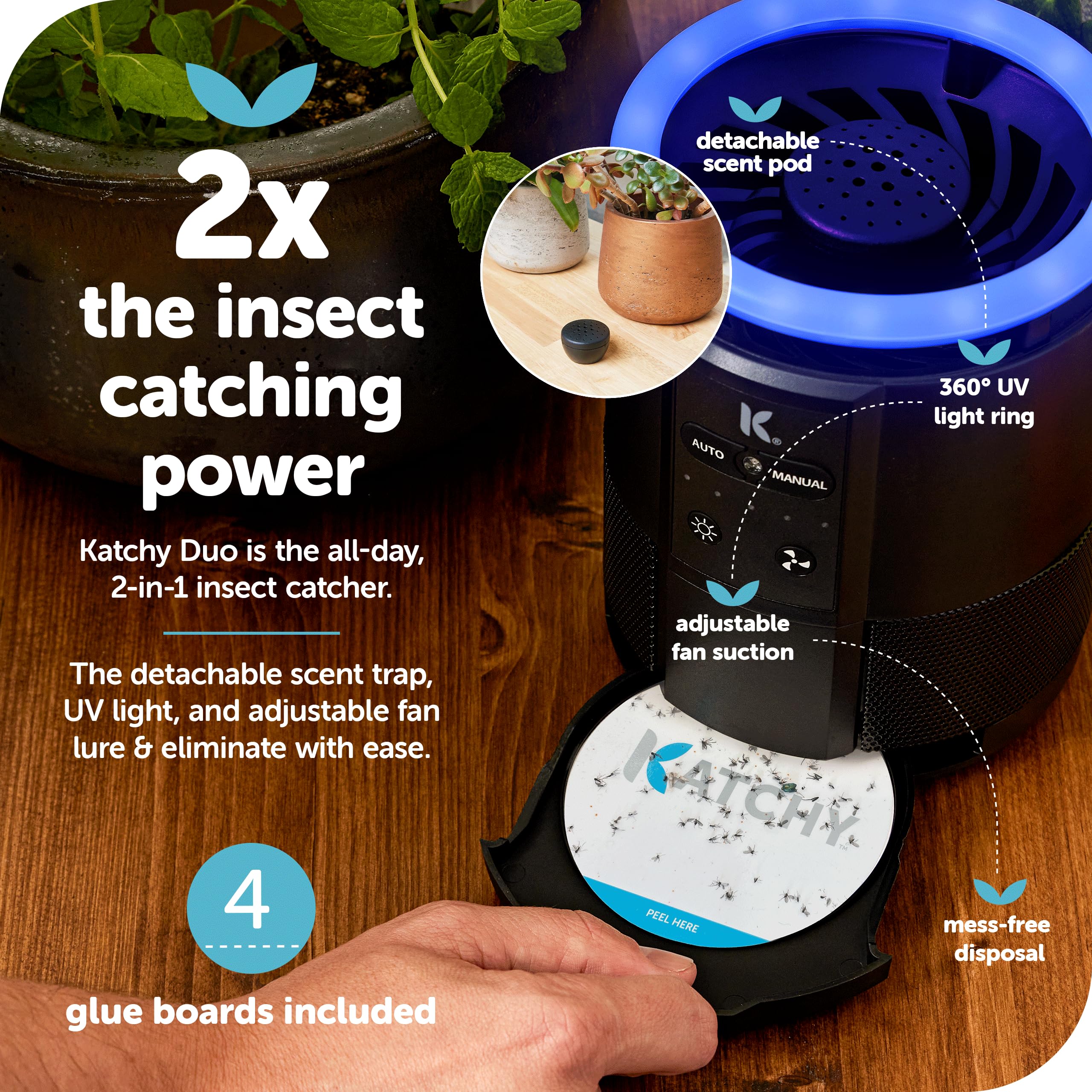 Katchy Duo Indoor Insect Trap with Scent Pod - Fan Powered UV Light Fly Trap for Fruit Flies, Gnats, Mosquitoes & Moths - Effective Home Pest Control for Kitchen, Bedroom & Office (Black)