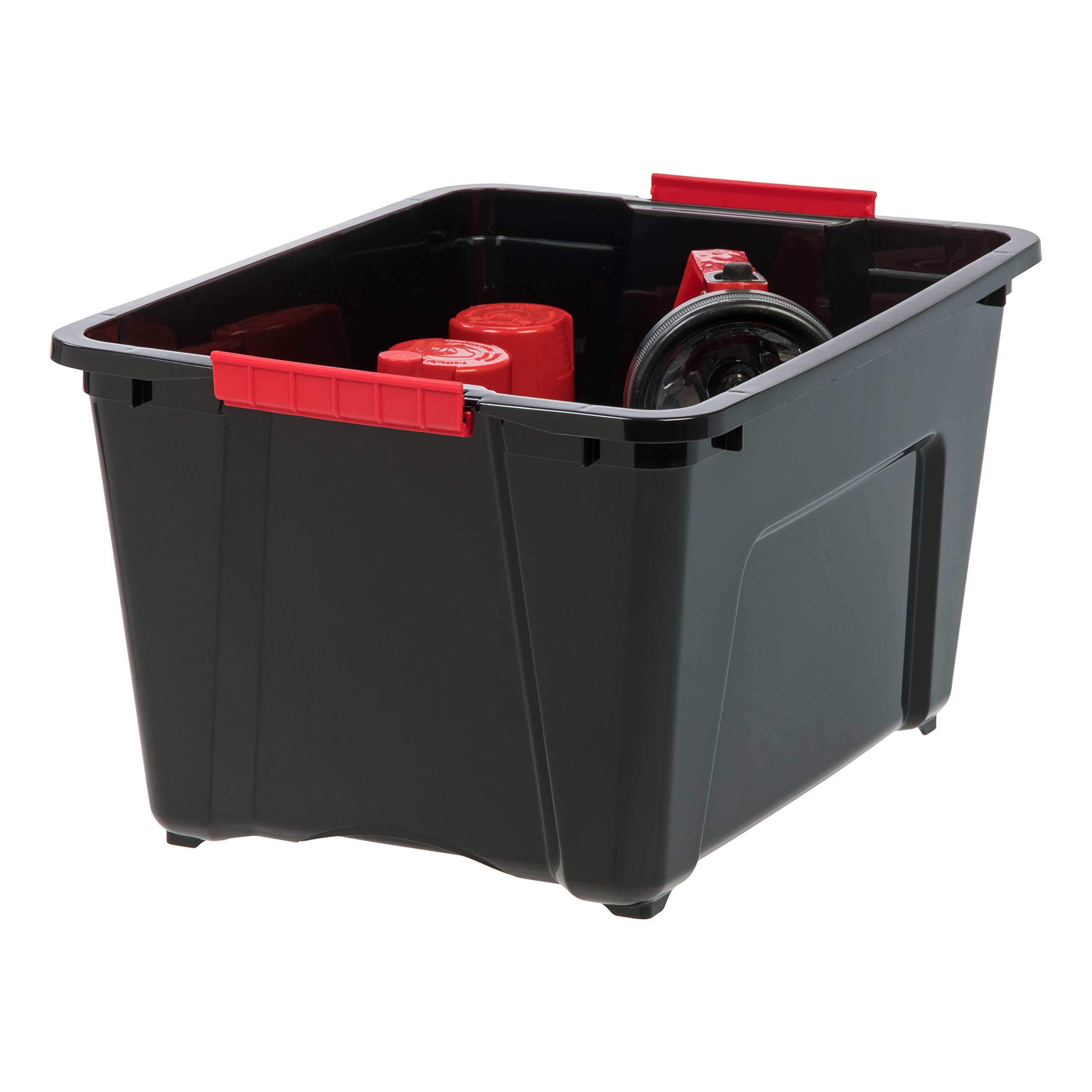 IRIS USA 32 Qt Stackable Plastic Storage Bins with Lids, 6 Pack - BPA-Free, Made in USA - Durable Nestable Containers for Garage, Closet & Home Organization - Secure Pull Handle & Latches - Black - Perfect for Storing Toys, Tools & Seasonal Items