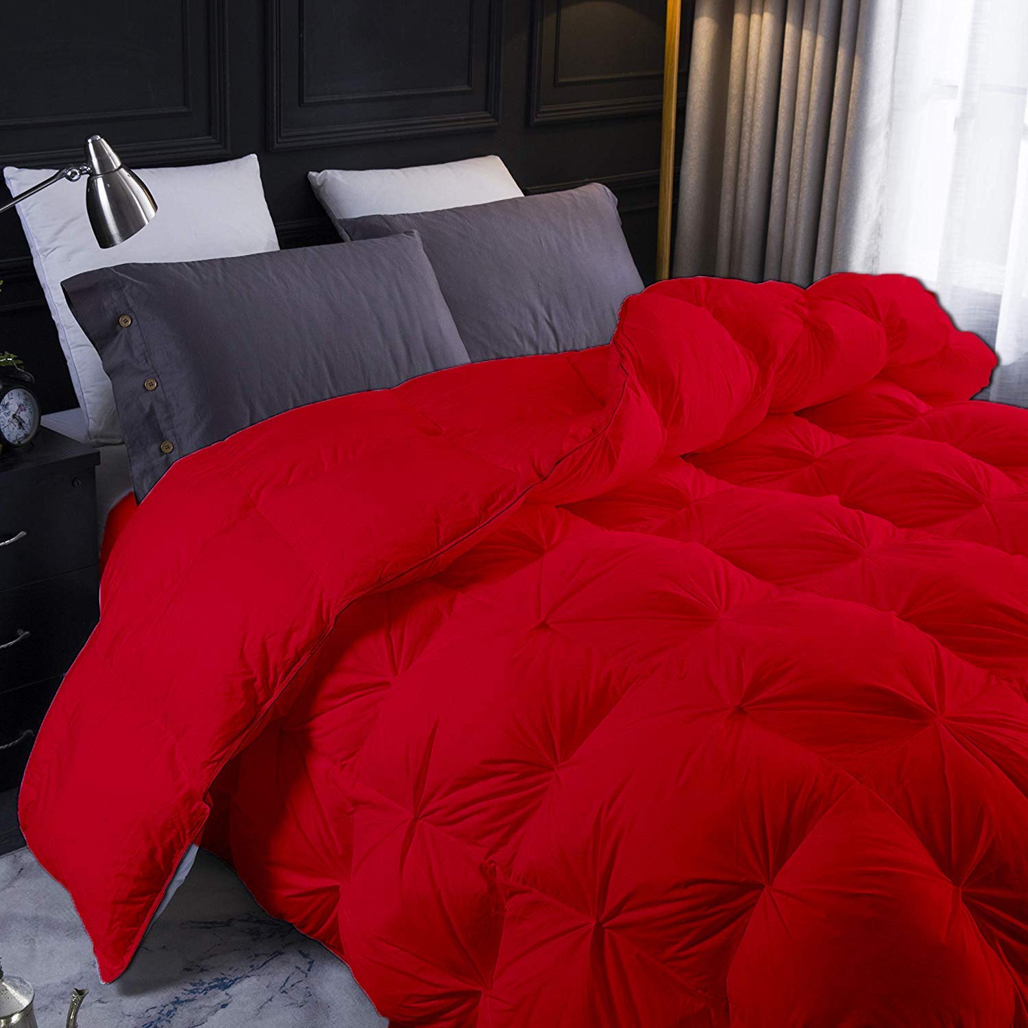 Luxury Pinch Pleated Comforter Set - 500 GSM Premium Cotton Queen Size Bedding with 2 Pillowcases (Red, 3-Piece) - Oversized Pin Tuck Alternative for Cozy Bedroom Decor & Guest Room Styling