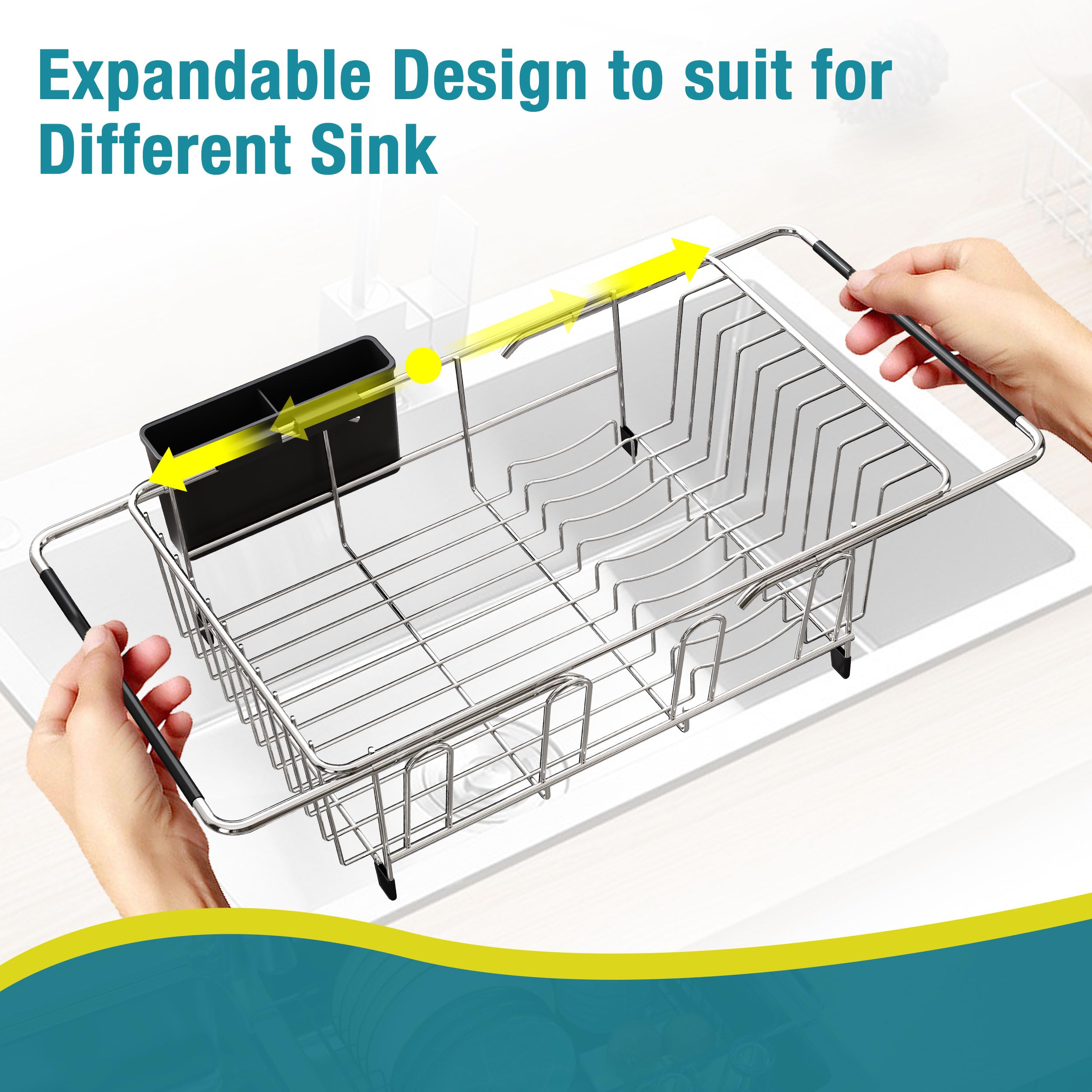 Expandable Stainless Steel Sink Dish Drying Rack with Utensil Holder - Space Saving Kitchen Counter Drainer for Plates, Cups & Silverware - Perfect for Small Kitchens & Apartment Living