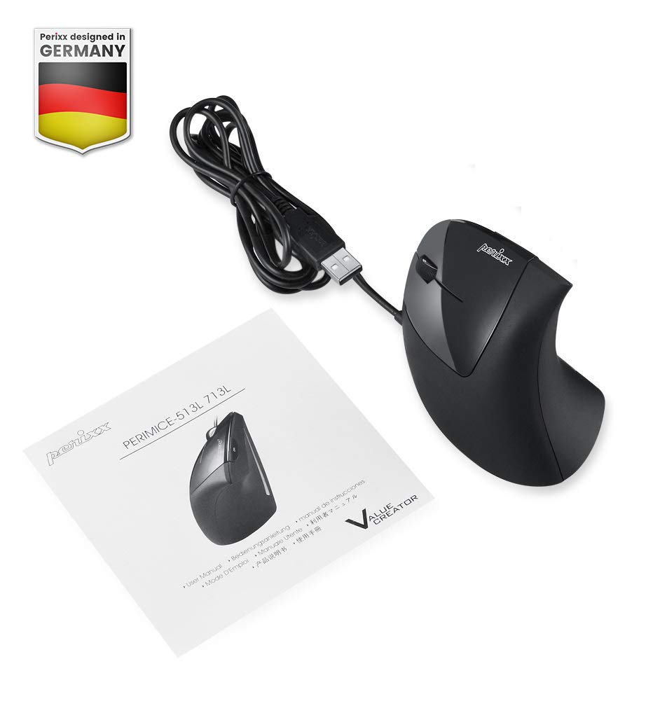 Perixx Perimice-513L Wired Vertical Ergonomic Mouse - 6 Button Optical Mouse with 2 Adjustable DPI Levels (1000/1600) - Left-Handed Black Computer Mouse for Office Work, Gaming & Graphic Design