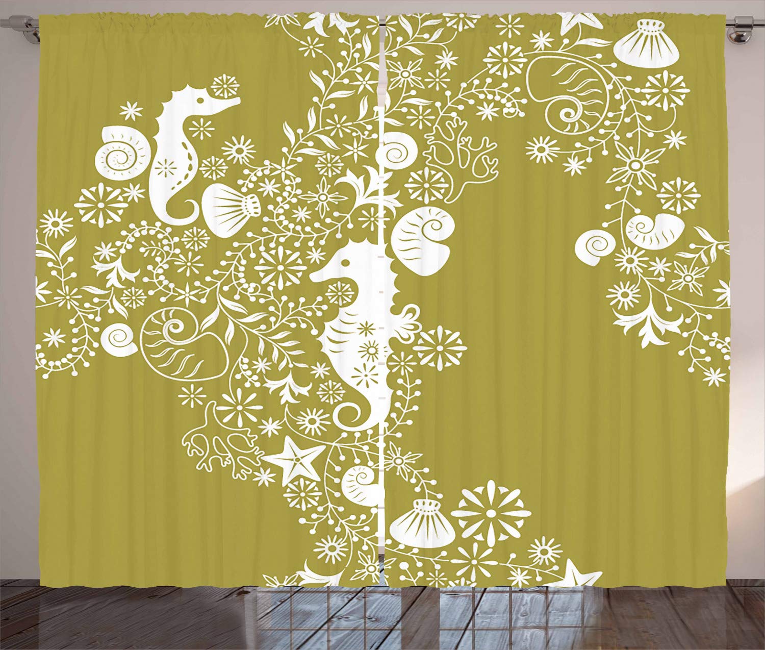 Ambesonne Tropical Sea Shells Curtains with Abstract Swirls & Floral Elements, Seahorse Silhouette Pattern - 2 Panel Window Drapes 108