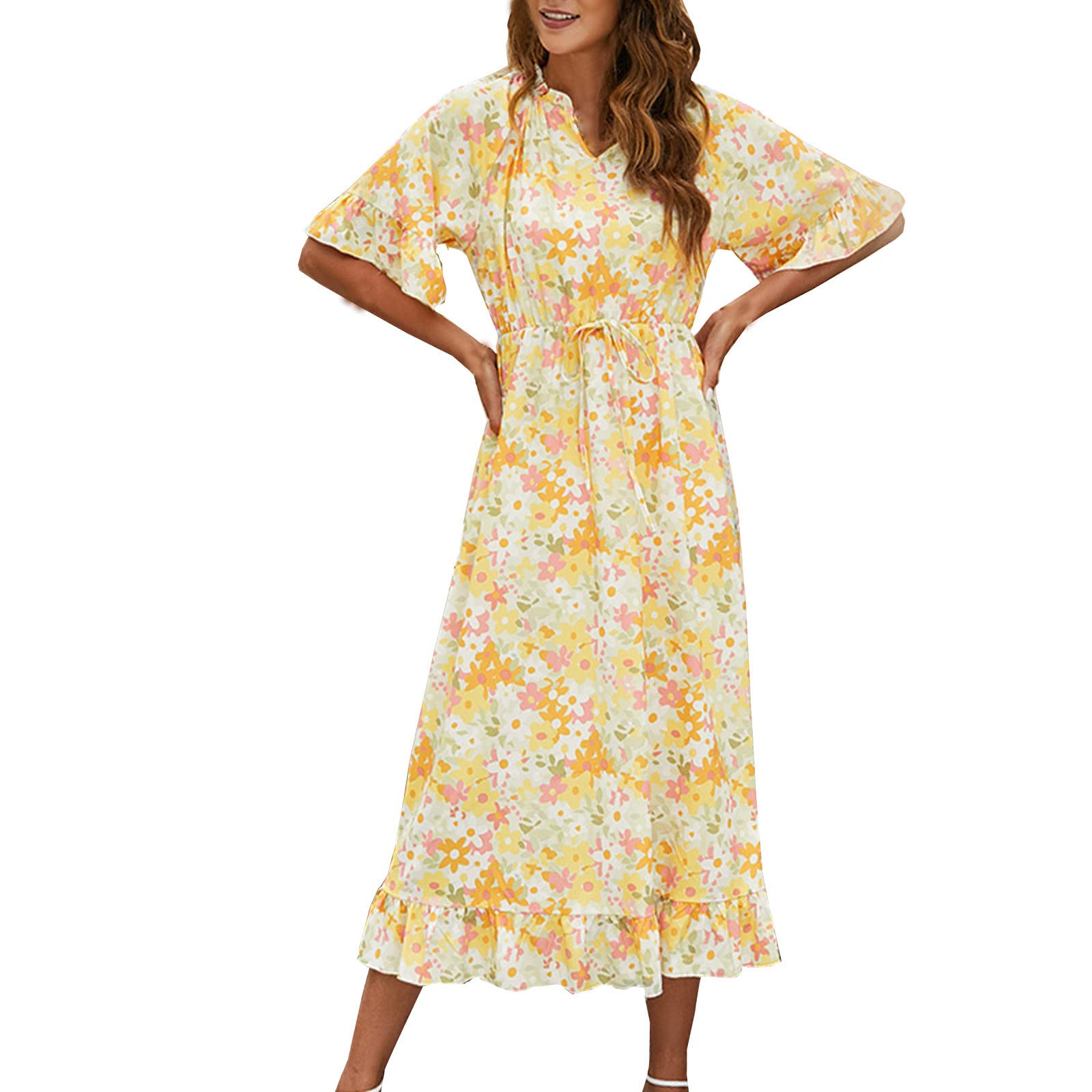 Elegant Women's Sexy Pure Five-Point Leaf Sleeve High Waist Short Sleeve Collar Midi Dress for Party, Wedding & Evening Occasions