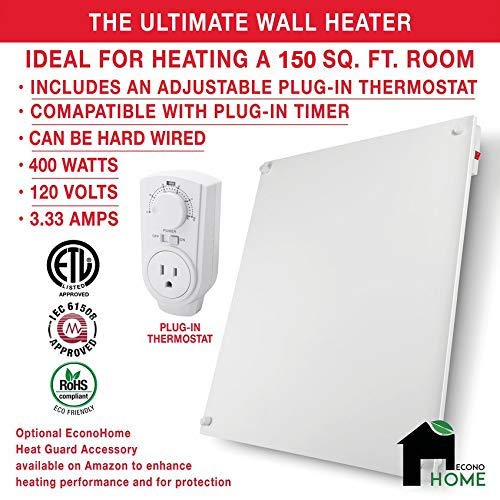 EconoHome 400W Wall Mount Space Heater Panel with Thermostat - 120V Electric Convection Heater for 120 Sq Ft Rooms - Perfect for Bedrooms, Offices & Small Spaces