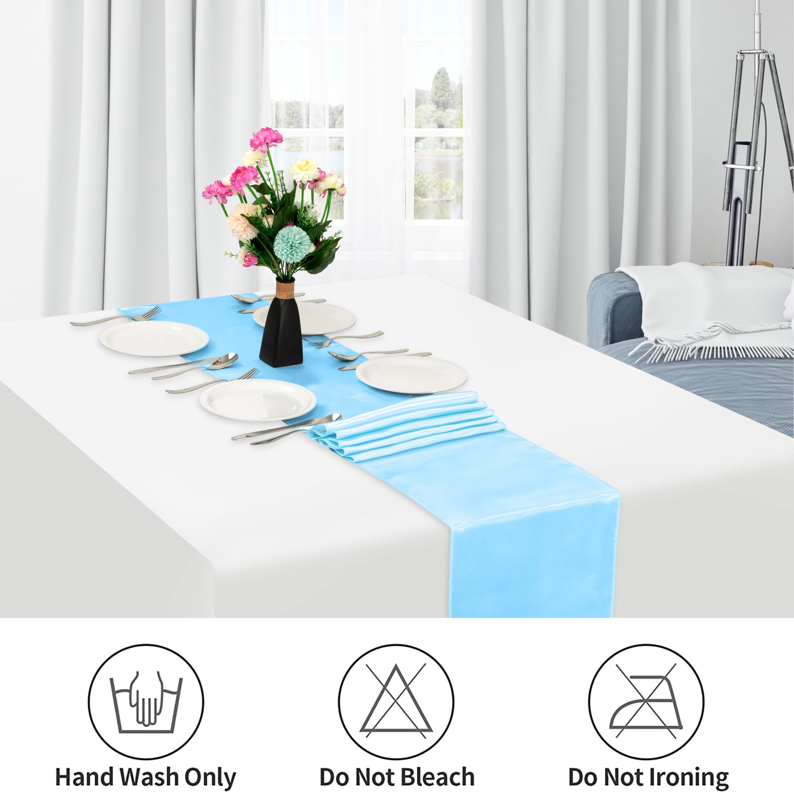 Fynite 2 Pack Baby Blue Satin Table Runner 12 x 108 Inches Long - Elegant Wedding Banquet & Birthday Party Table Decor - Smooth Silky Fabric for Dining Room & Event Centerpieces - Perfect for Holiday Celebrations & Home Decor