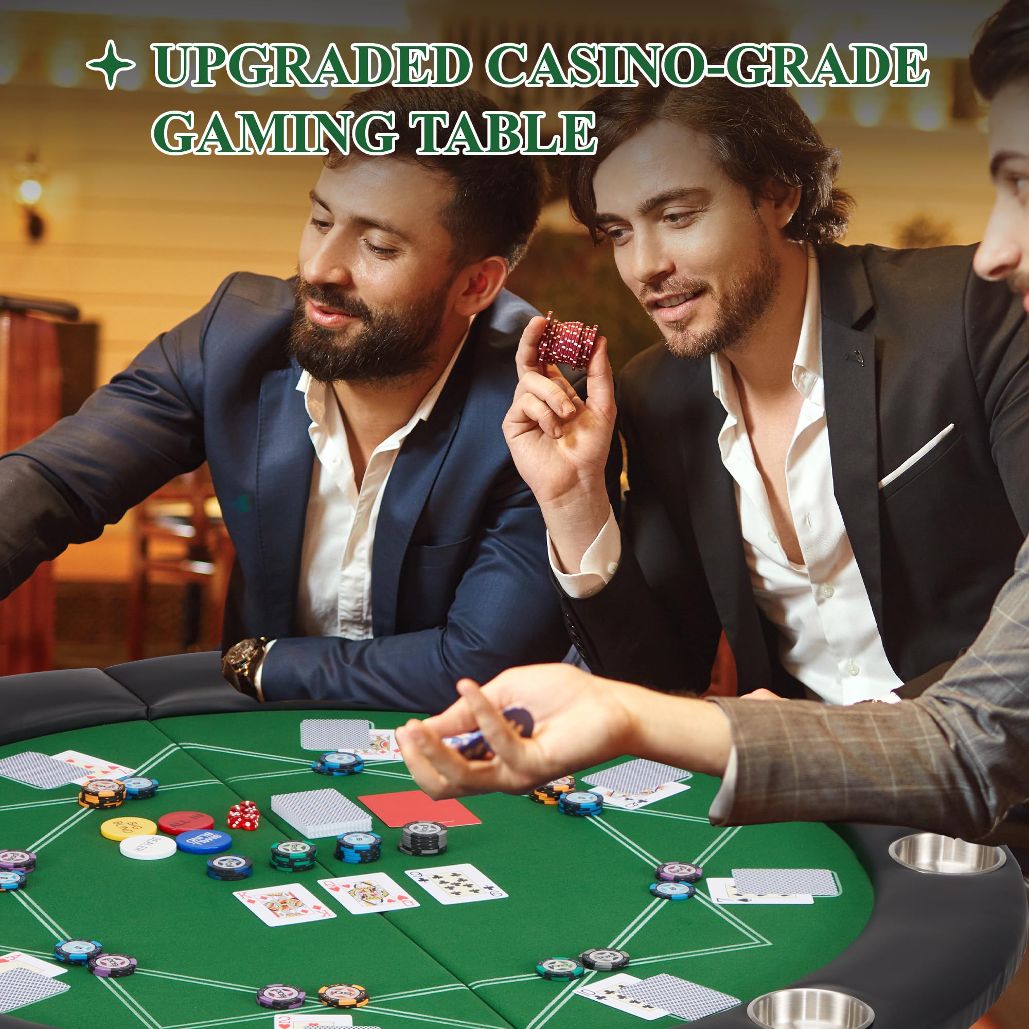 ECOTOUGE 8-Player Foldable Poker Table - Round Casino Style Texas Hold'em Table with Stainless Steel Cup Holders & Faux Leather Padded Rails - Portable Folding Card Game Table for Home, Parties and Casino Nights (Green)