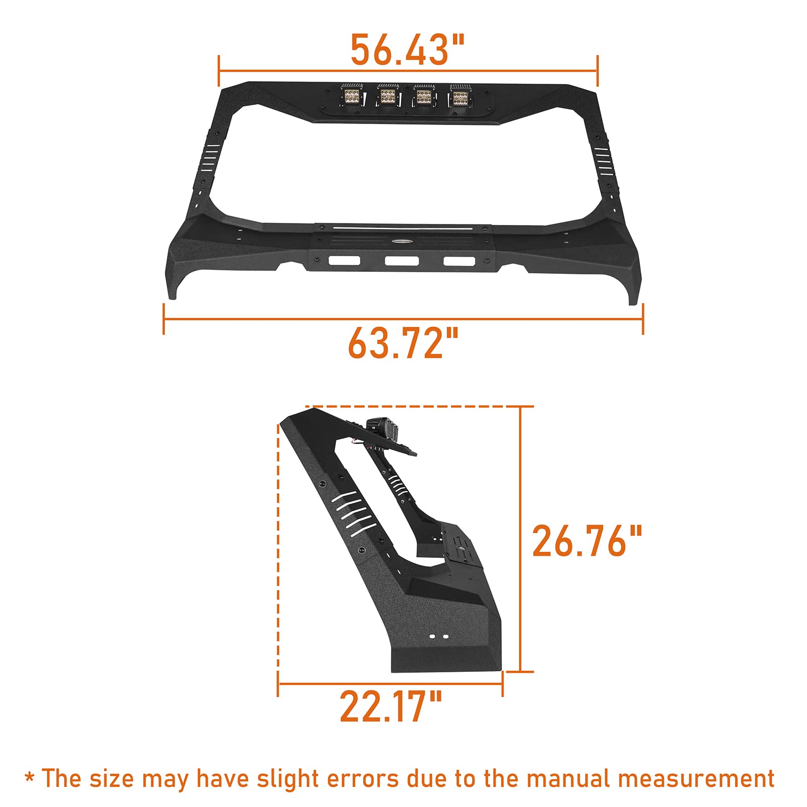 Jeep Wrangler JK Front Bumper Grill & Windshield Frame Cover Visor (2007-2018) - Textured Black with LED Lights | Off-Road Protection & Style Upgrade