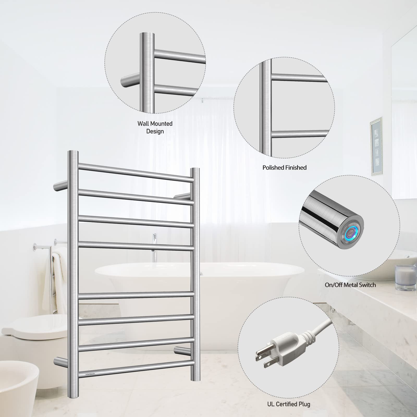 Brushed Nickel Electric Heated Towel Warmer - Wall Mounted Bathroom Towel Rack with 8 Stainless Steel Bars, 70W, 27.56x19.69x4.41 inches (ETW44-2) - Perfect for Spa, Luxury Bathrooms & Guest Room Towel Warming