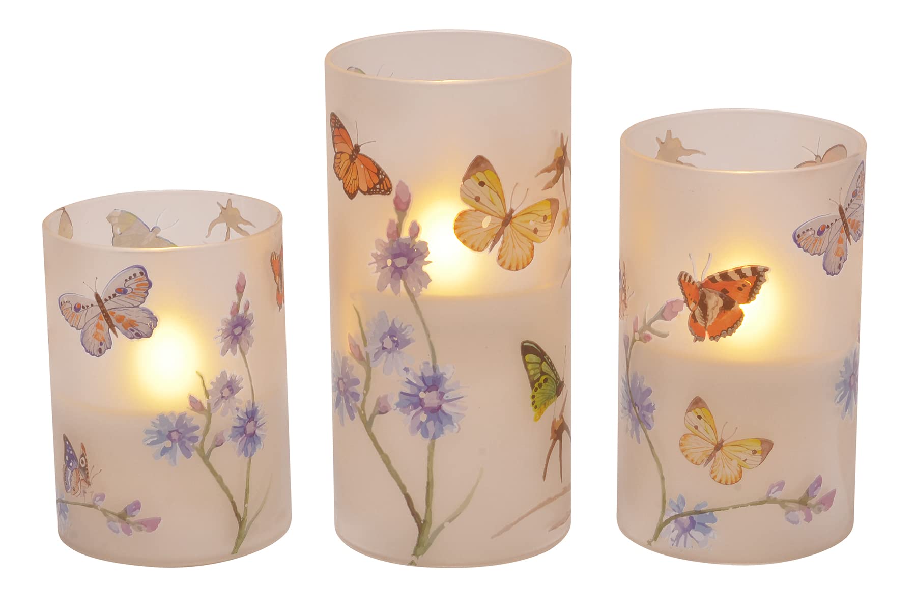 Flameless LED Glass Pillar Candles Set of 3 - 6 Inch Butterflies & Wildflowers Design by Mark Feldstein - Battery Operated Decorative Candles for Home, Wedding, Party & Romantic Ambiance Lighting