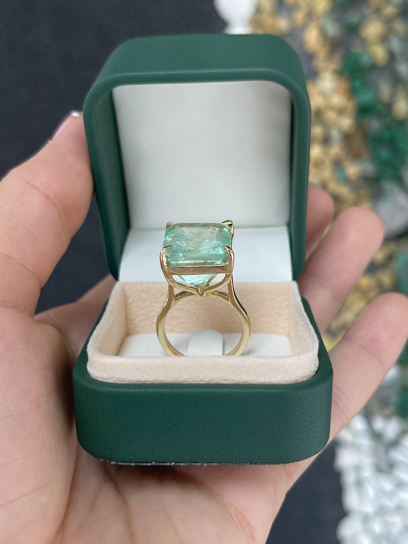 17.80ct 14K Gold Natural Light Spring Green Emerald Cut Solitaire Ring with 4 Prongs - Perfect for Engagement, Anniversary & Special Occasion Jewelry Gifts