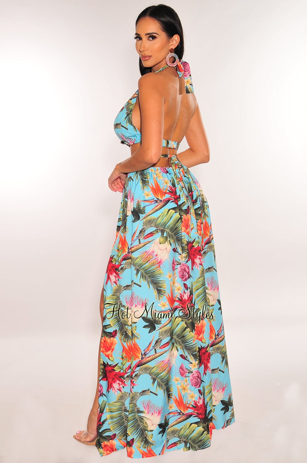 Aqua Tropical Print Padded Halter Maxi Dress with O-Ring Cut Out & Slit Belt - Perfect for Beach Vacations, Summer Parties & Tropical Getaways