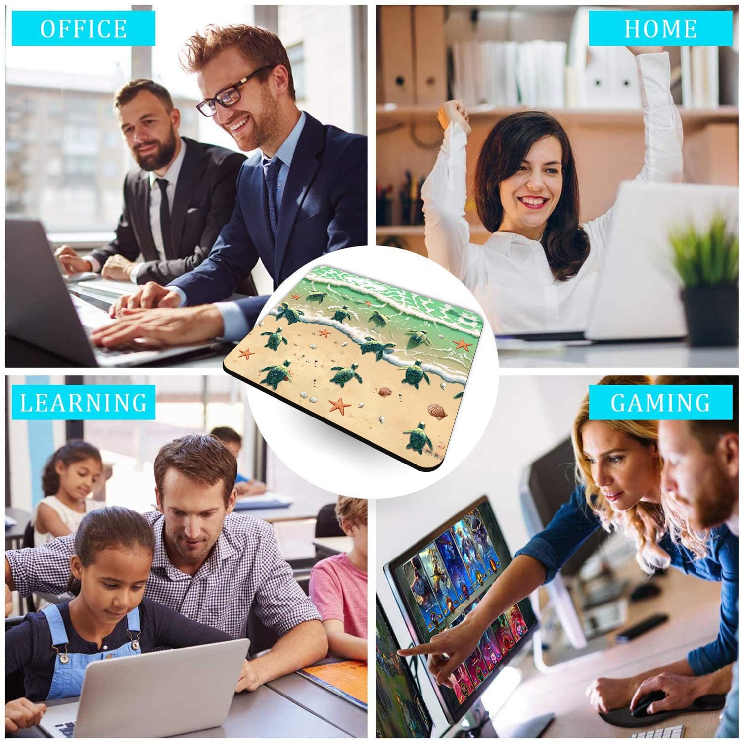 Non-Slip Gaming Mouse Pad & Coasters Set - Blue Ocean Painting Art with Sea Turtles & Starfish Design, Large Rectangle Rubber Mouse Mat for Work & PC Gaming | Perfect for Office, Home & Esports Setup