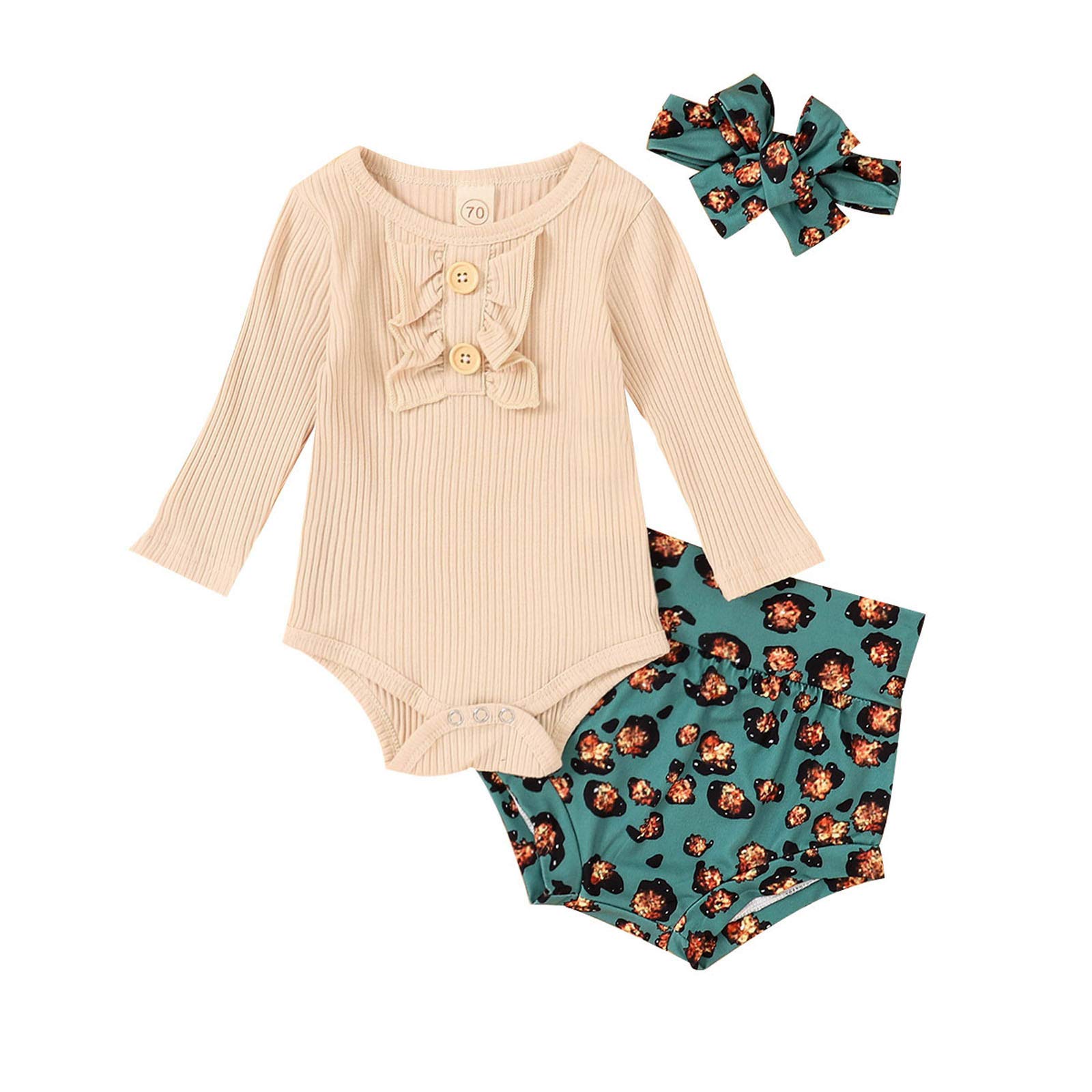 Newborn Baby Essentials - Ribbed Romper & Leopard Print Shorts Outfit Set for Girls & Boys | Soft Beige Infant Clothes for Dress Up, Playtime & Photo Shoots
