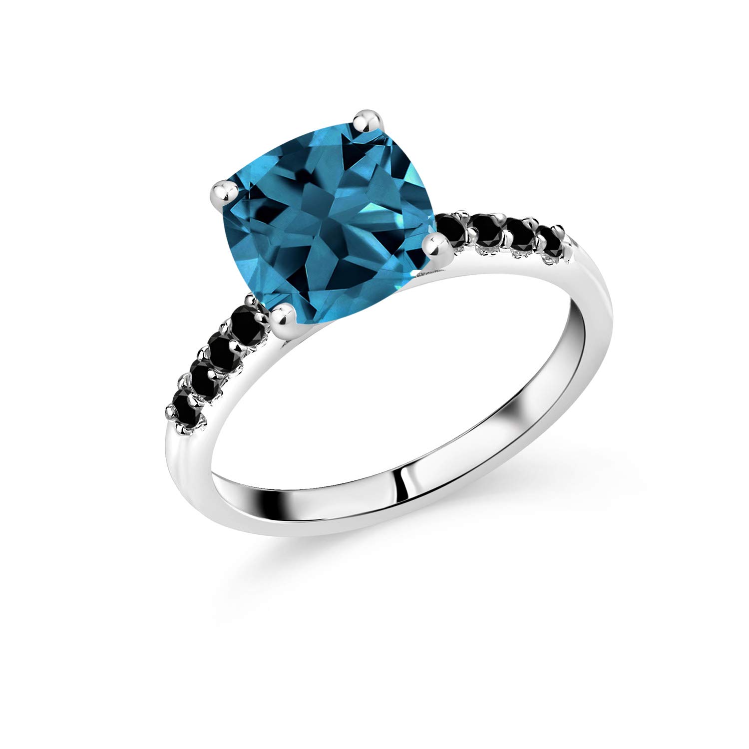 3.13 Ct London Blue Topaz & Black Diamond Ring in 10K White Gold - Elegant Cushion Cut Gemstone Jewelry for Women, Perfect for Engagement, Anniversary & Special Occasions