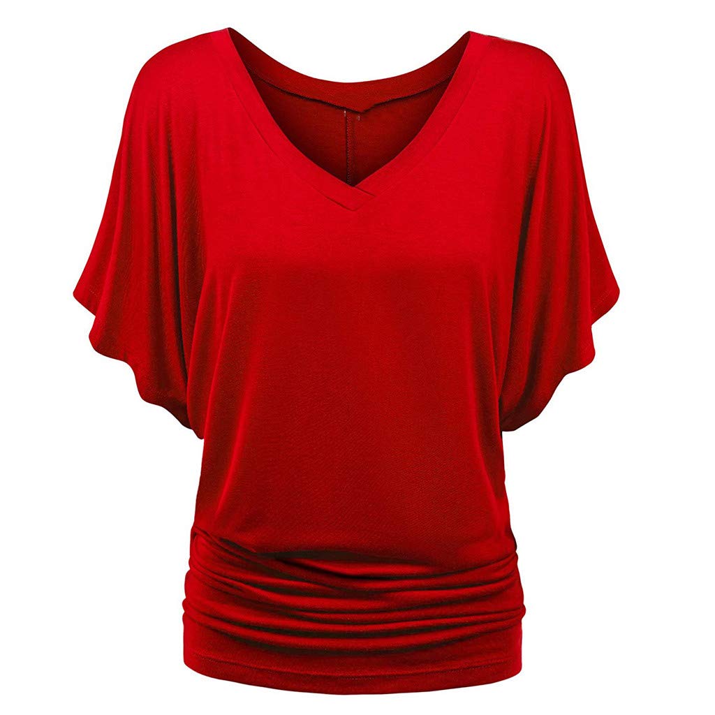 iOPQO Plus Size Women's V-Neck Batwing T-Shirt - Loose Fit Solid Color Casual Top with Fold Hem (Red, XXL) | Perfect for Everyday Wear, Office & Weekend Outfits