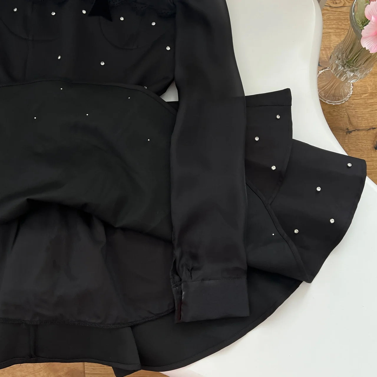 Vintage Black Polka Dot Elegant Long Sleeve Mini Dress for Women - French Inspired Pleated Party Dress for Evening Events, Date Nights & Fall Festivals