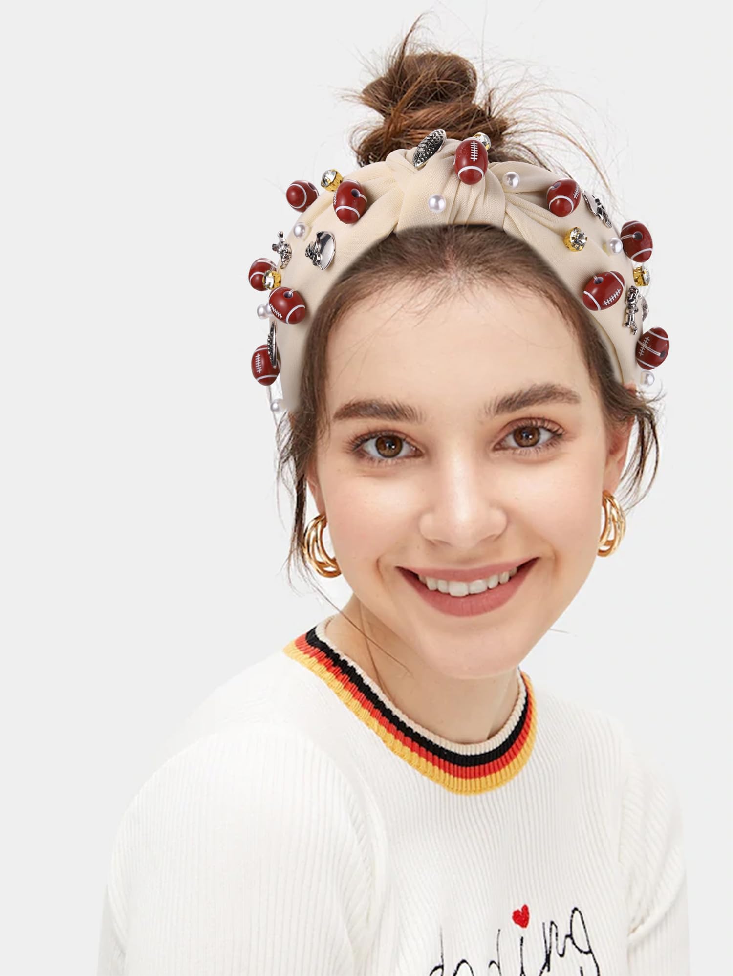 **Women's Rhinestone Football Headband - Pearl & Crystal Jeweled Knotted Hair Accessory for Game Day, Sports Events & Gifts**    *Use Cases: Perfect for football games, tailgate parties, sports events, or as a stylish gift for female fans.*
