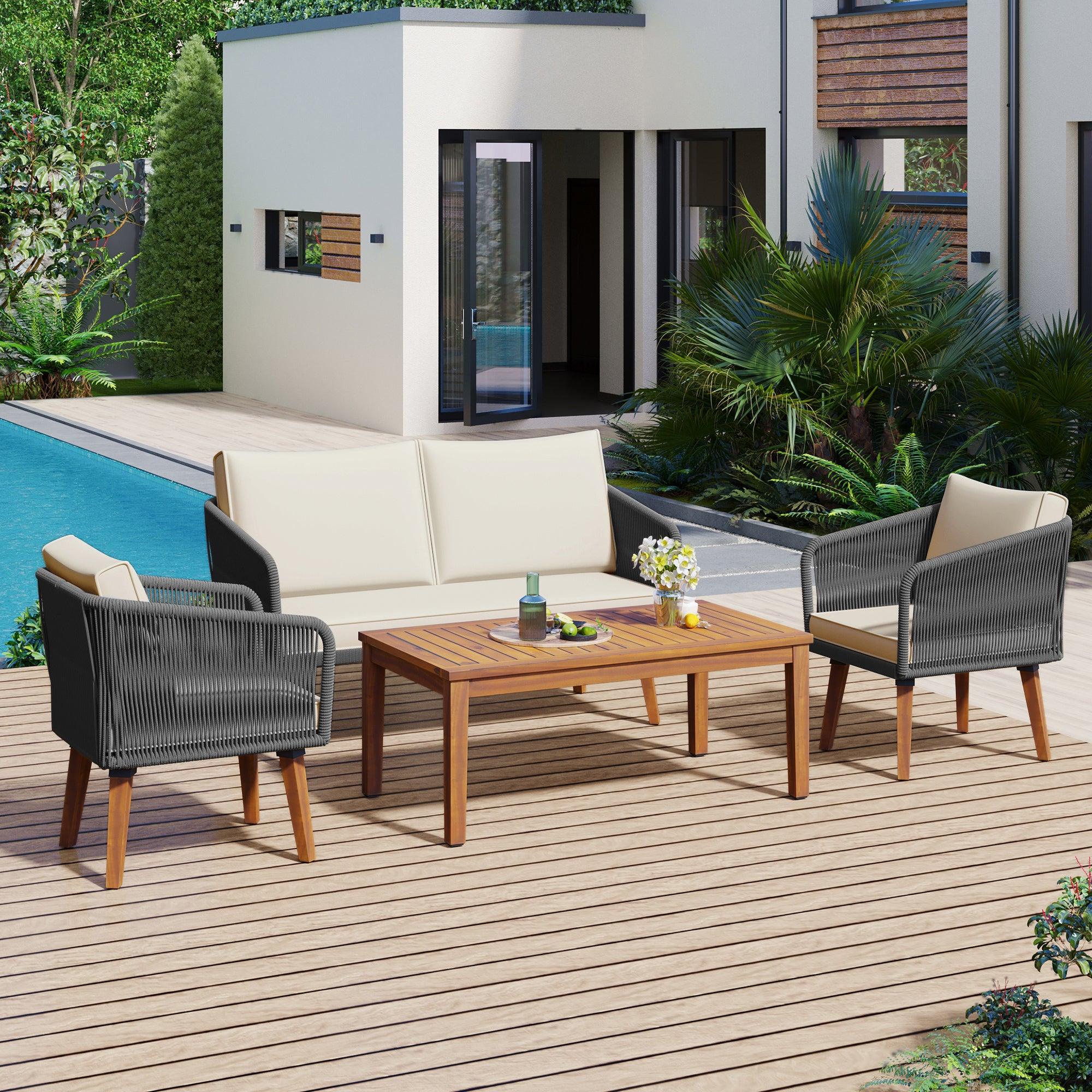 4-Piece Outdoor Patio Furniture Set with Loveseat, Rope Wicker Conversation Set & Cushions - Perfect for Backyard, Garden, Poolside & Outdoor Entertaining