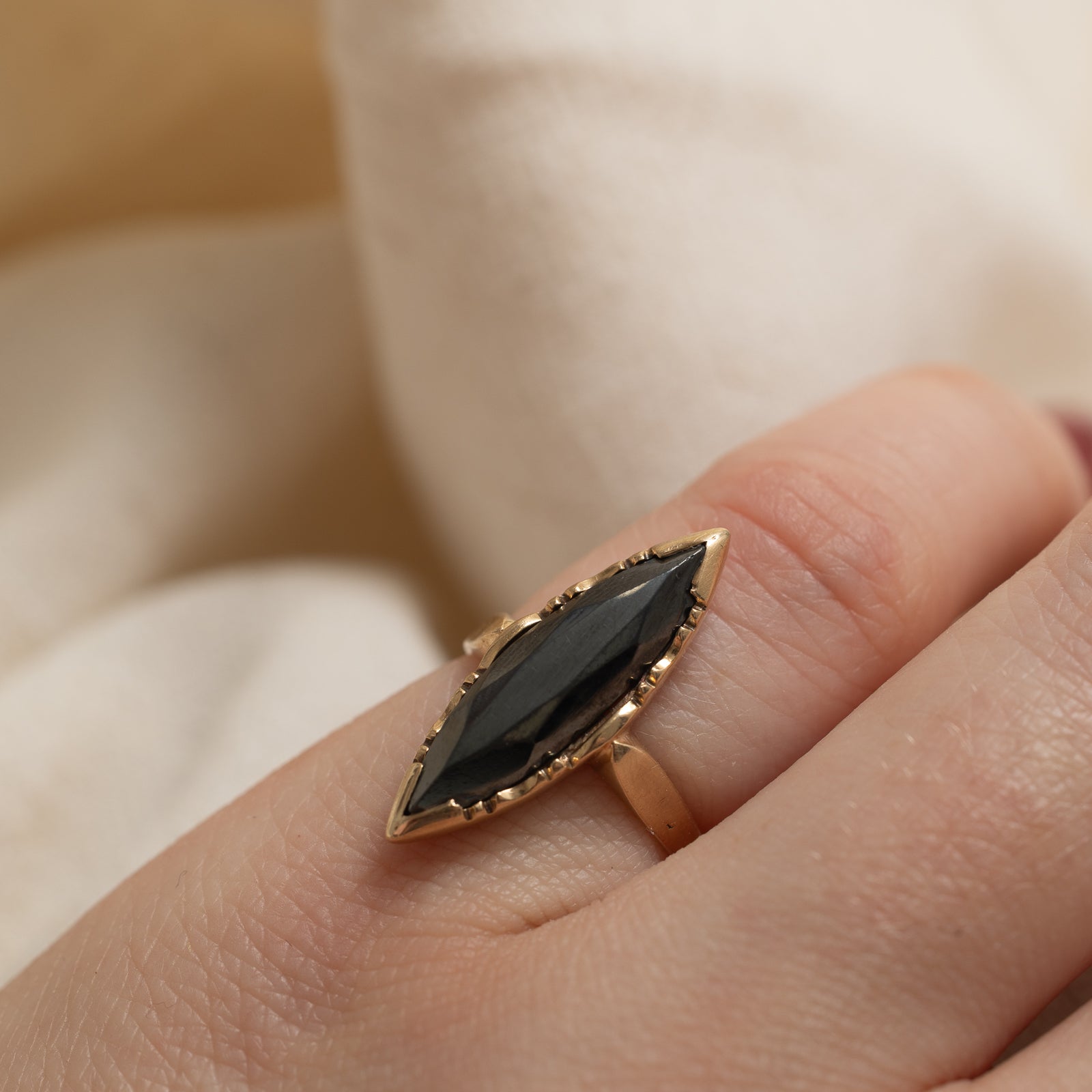 10K Hematite Navette Ring for Women | 2.60ct Genuine Hematite Gemstone | Size 3.75 | Elegant Marquise Cut Jewelry for Everyday Wear, Gift Giving & Special Occasions