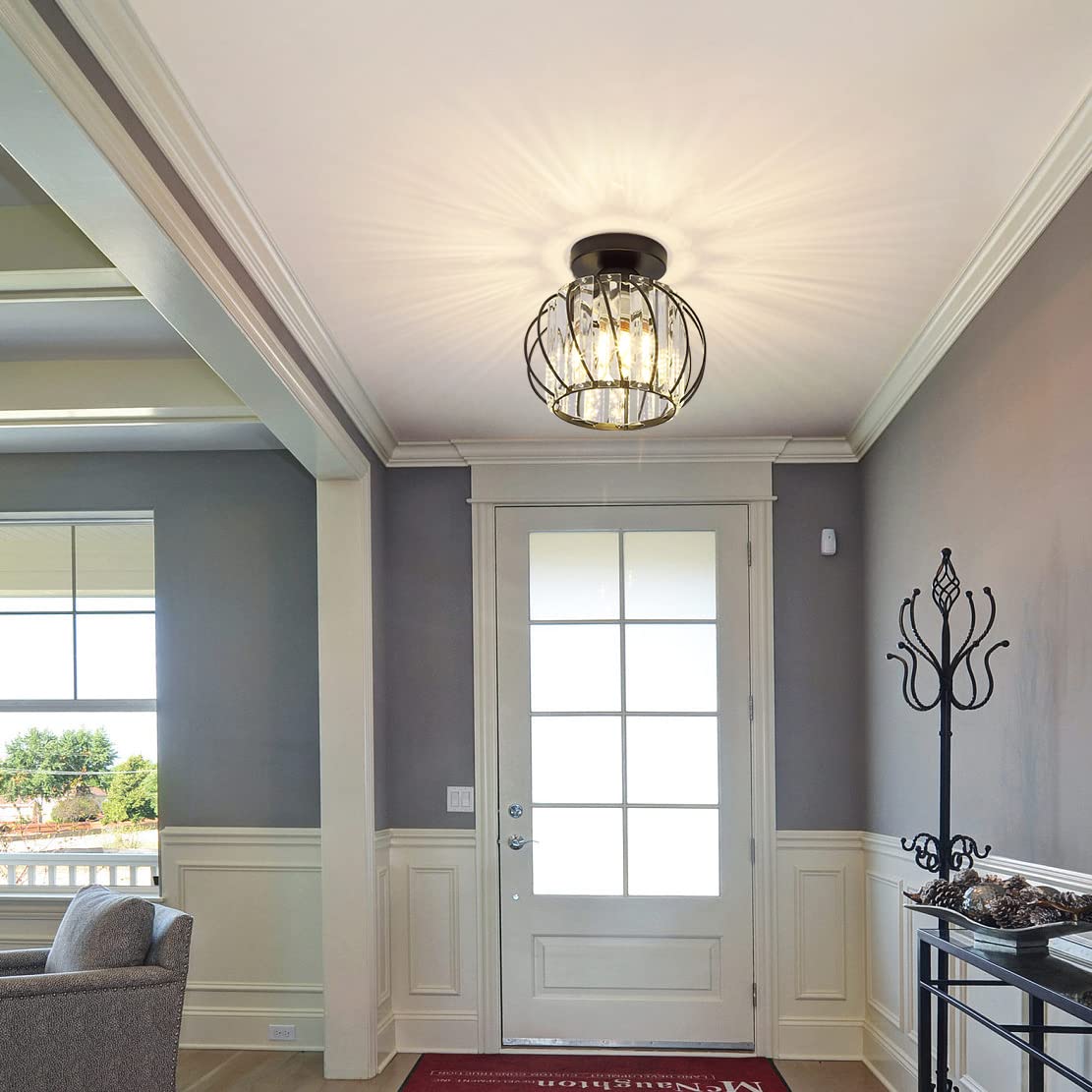 Black Flush Mount Crystal Chandelier - Small Bathroom & Hallway Ceiling Light Fixture - Mid Century Modern Design for Entryway, Bedroom, Porch - Perfect for Home Decor & Romantic Ambiance