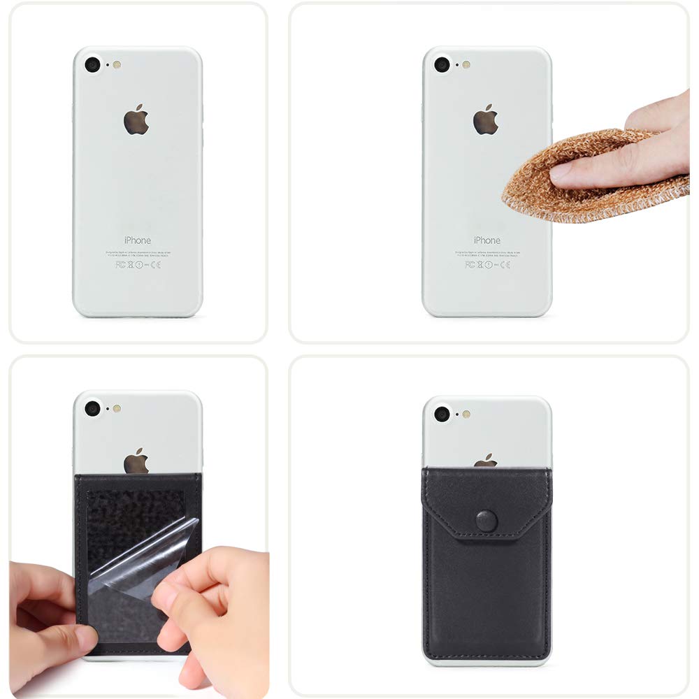 Ultra-Slim RFID Blocking Leather Stick-On Wallet for iPhone & Android Phones - Holds Credit Cards, Business Cards & ID - Secure Adhesive Phone Wallet for Daily Use & Travel (Black)