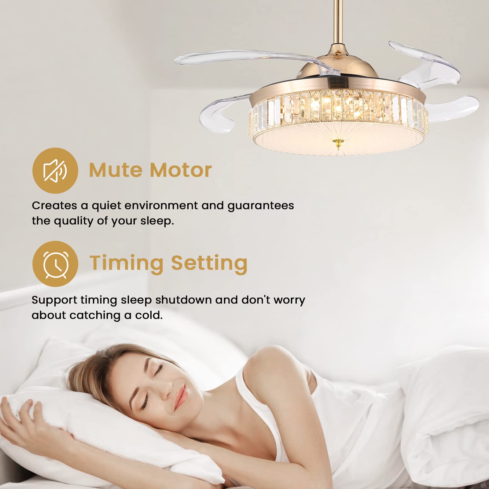 CROSSIO 42 Inch Crystal Ceiling Fan with Dimmable LED Lights - Remote Control Retractable Gold Chandelier Fan for Bedroom, Living Room & Dining Room | Modern Home Decor, Energy Efficient Cooling & Ambient Lighting Solution